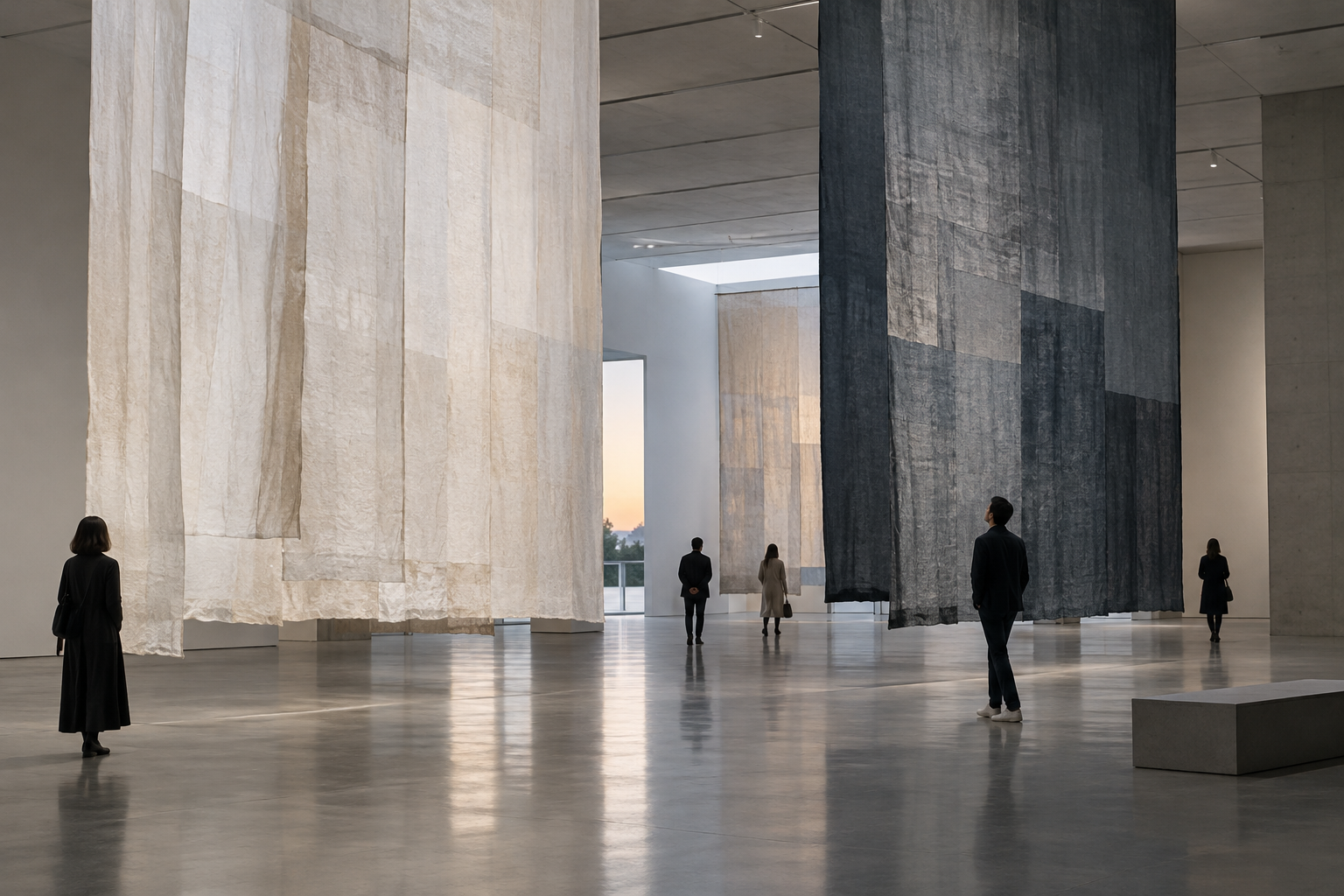 Wide editorial photograph of visitors moving through a contemporary exhibition hall with monumental suspended textile works