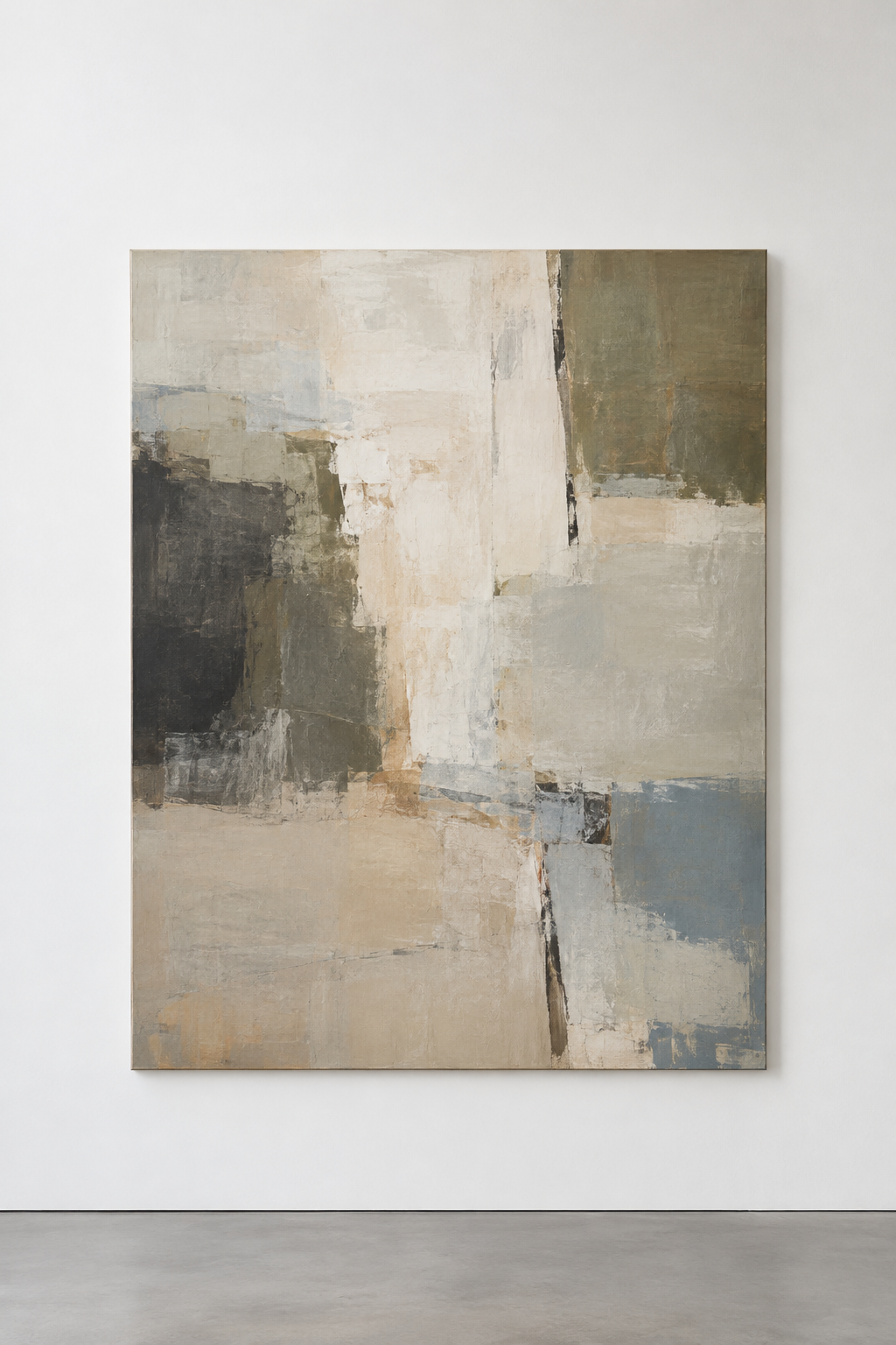 Large contemporary abstract painting in muted mineral tones displayed on a white gallery wall