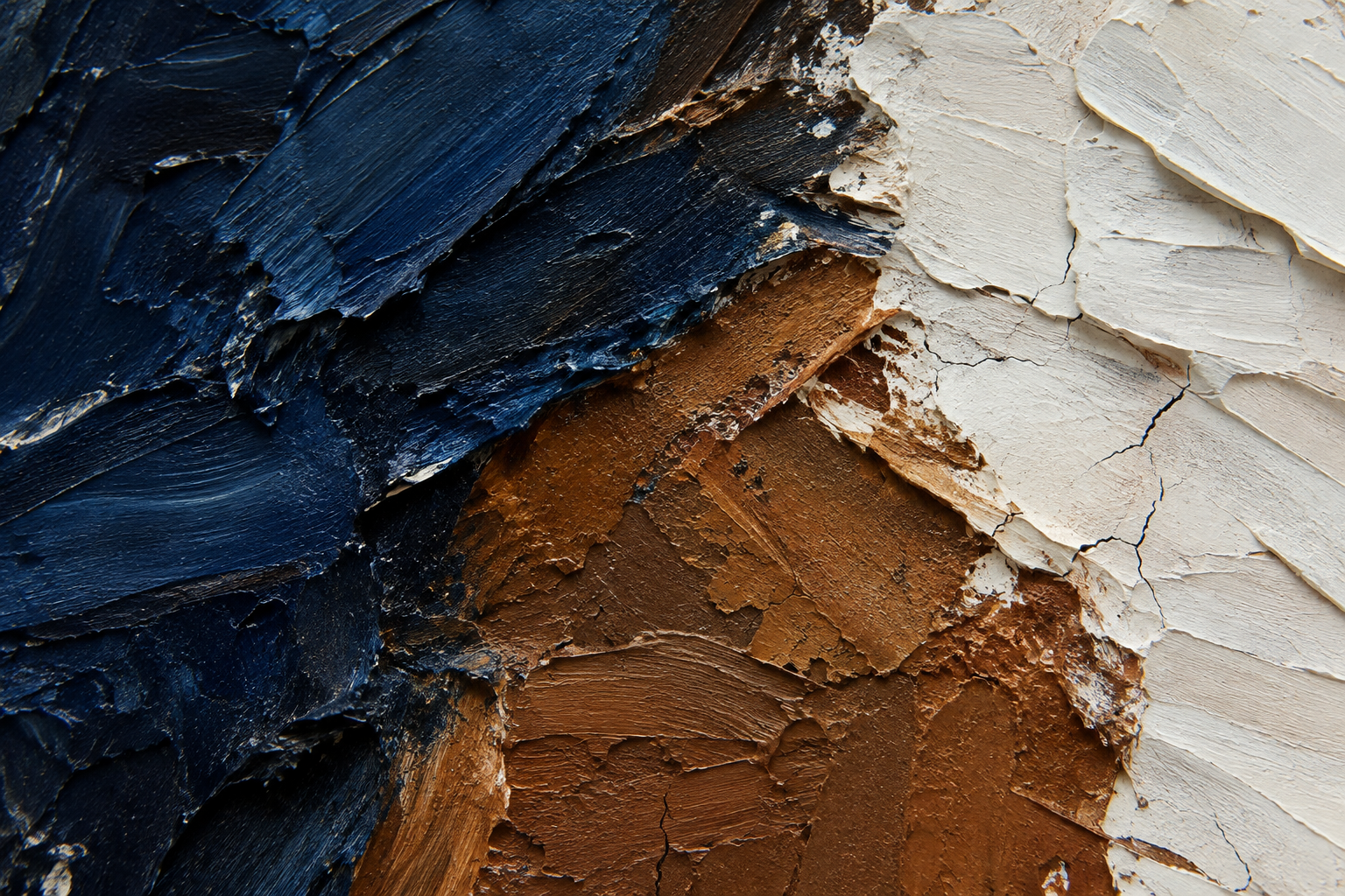 Close detail of layered impasto paint with deep indigo, umber, and chalk-white textures