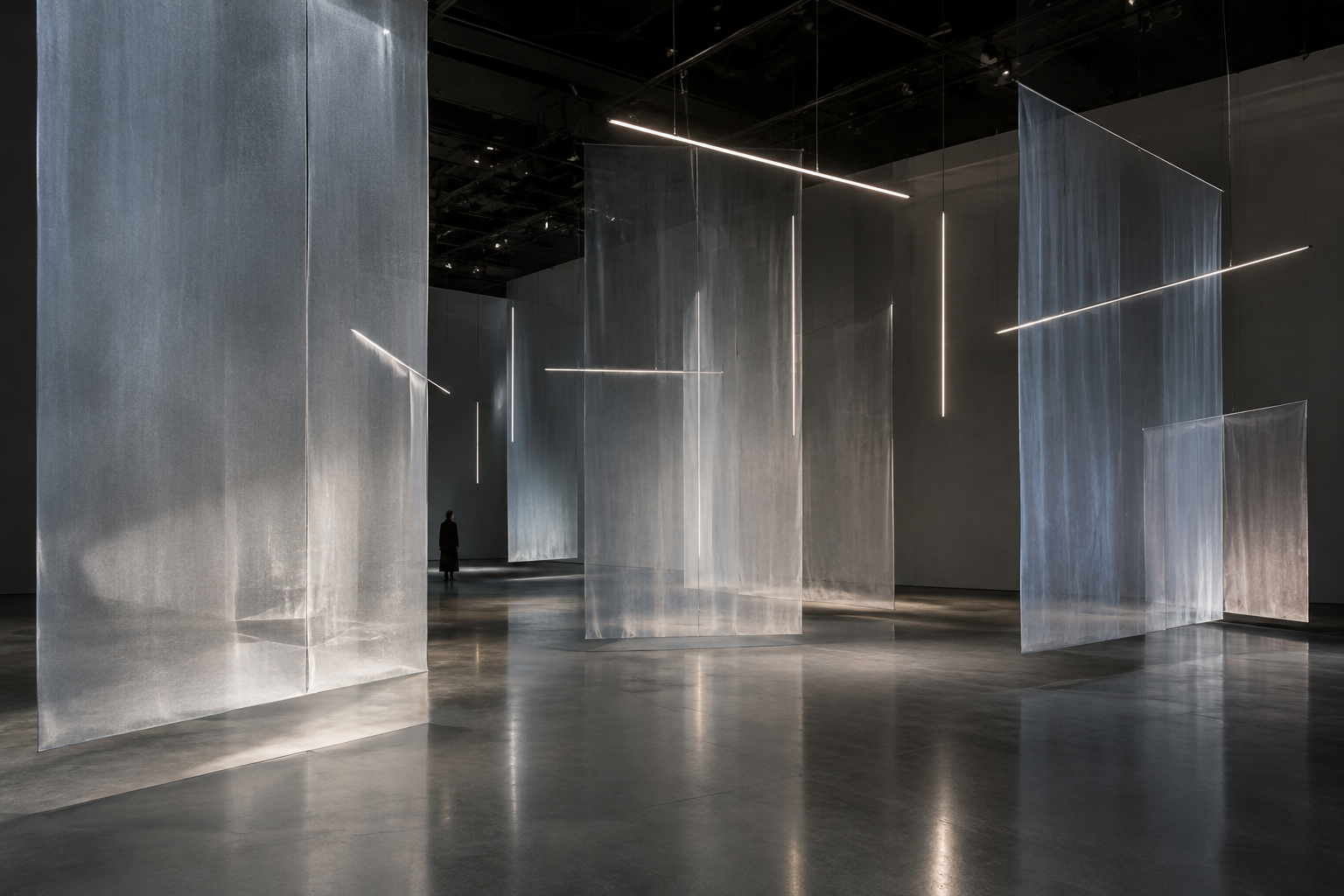 Immersive installation with translucent fabric planes and subtle linear light in a darkened hall