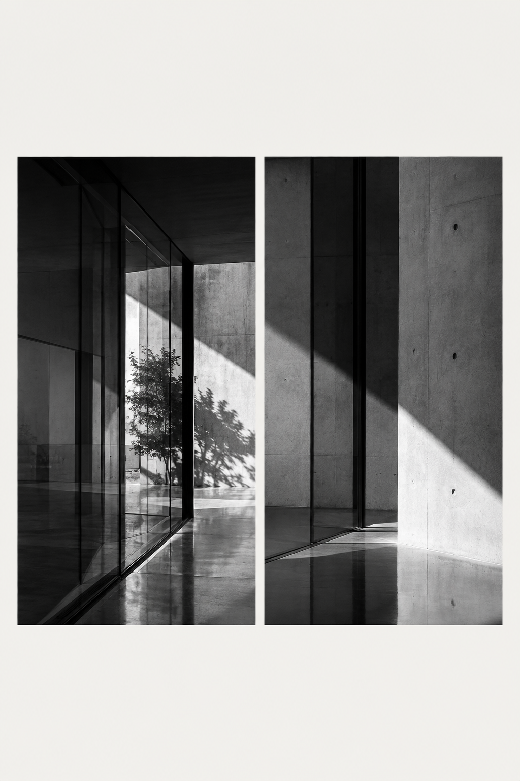 Monochrome photographic diptych detail with architectural shadows and reflective glass surfaces