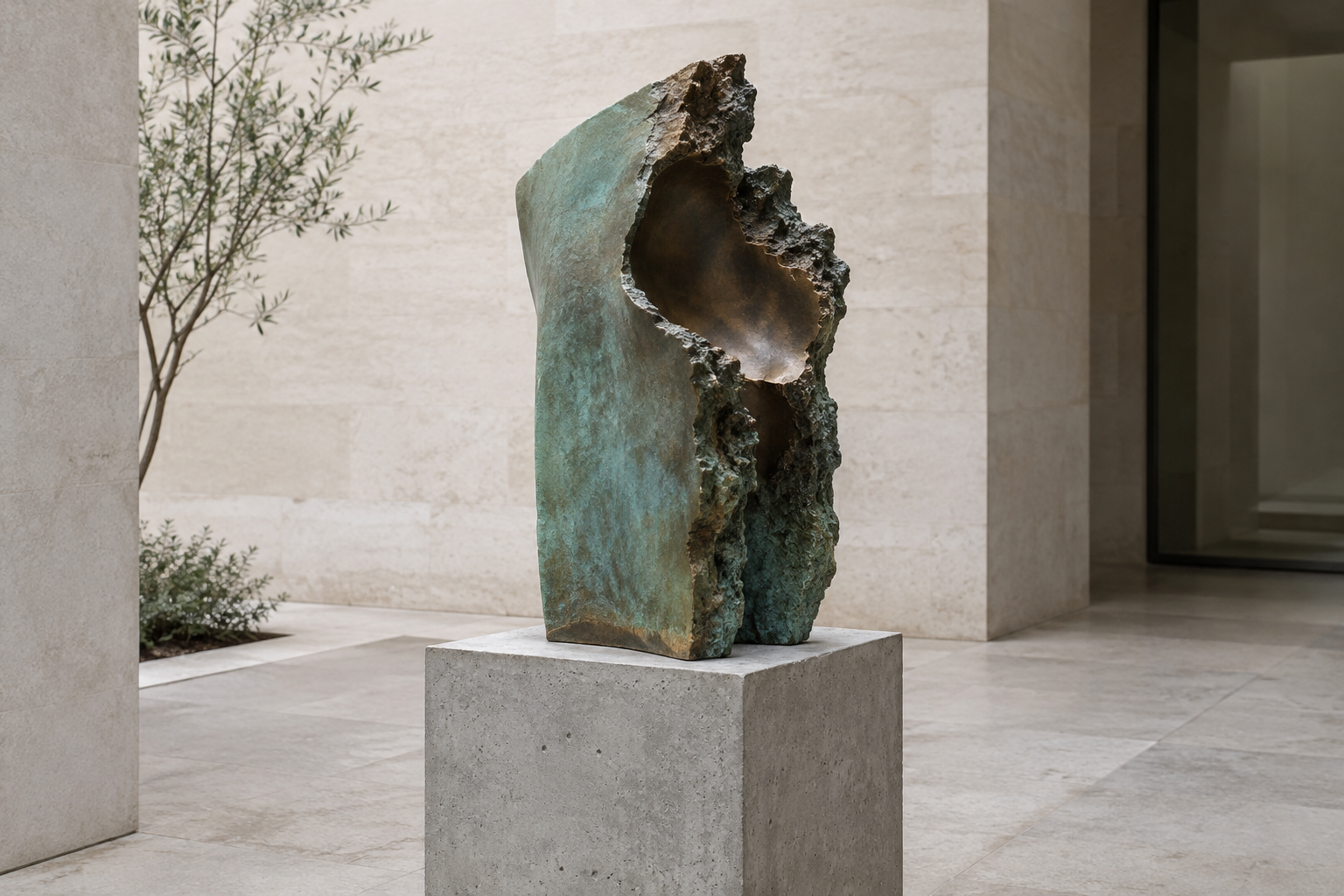 Bronze and resin sculpture on a concrete plinth in a quiet museum courtyard