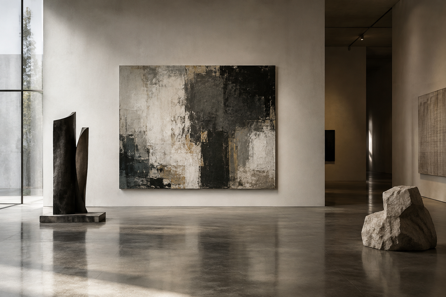 Museum-grade contemporary artwork scene in a refined gallery interior, combining a monumental abstract painting, sculptural forms, and installation elements with dramatic yet believable lighting