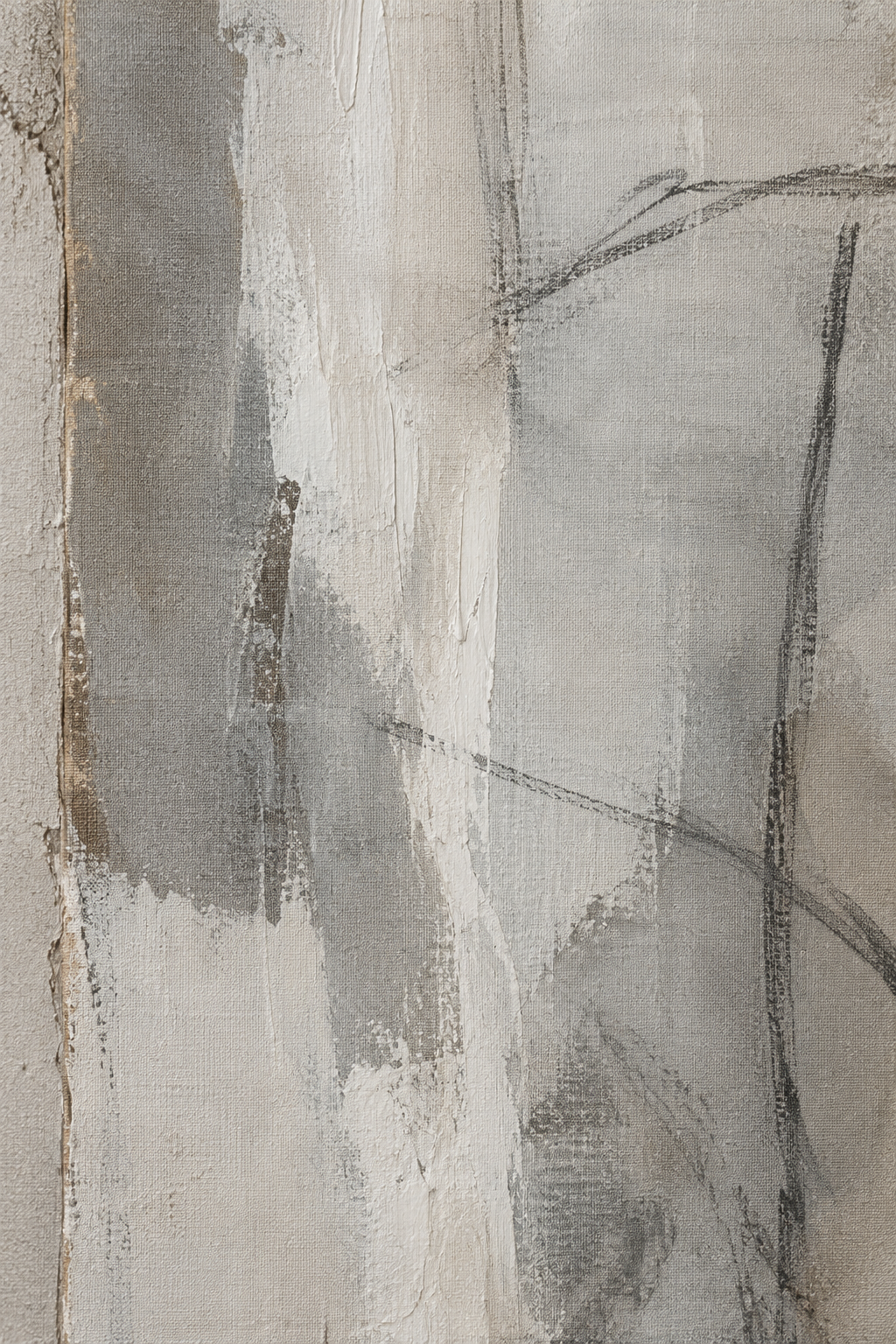 Close-up of a linen canvas artwork with layered graphite marks and a soft chalk-white glaze under natural gallery light