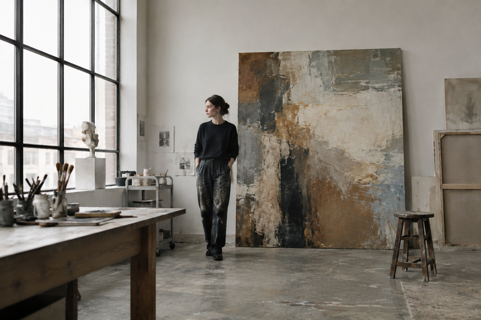 Contemporary artist working on a large abstract canvas in a spacious studio with natural light