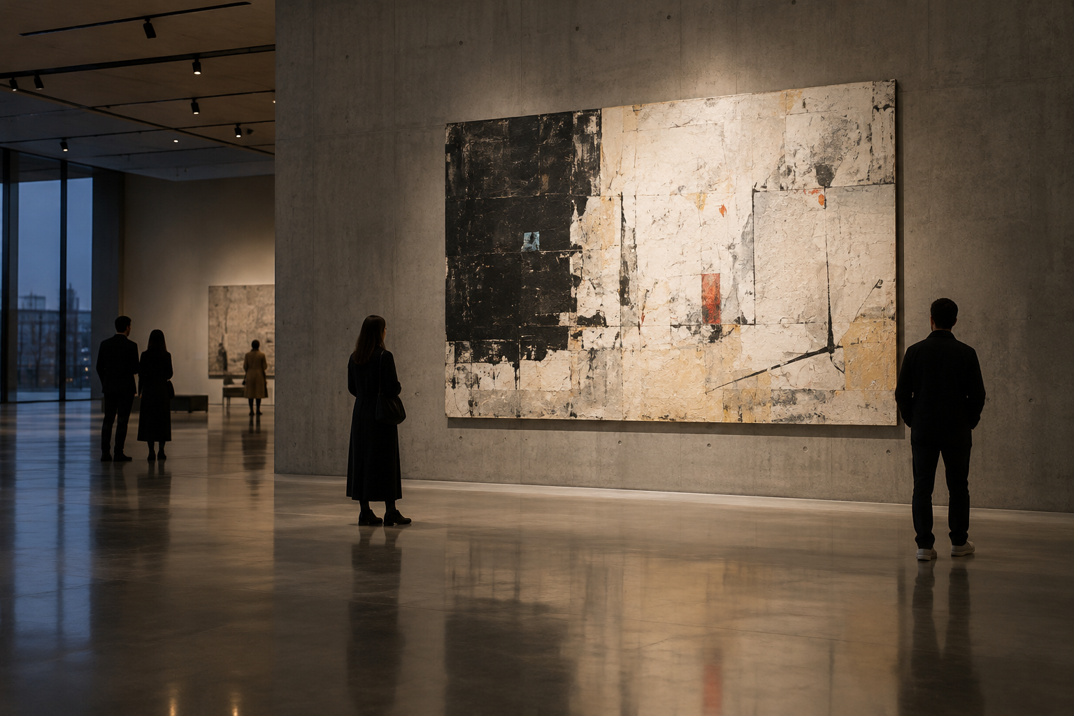 Wide contemporary gallery interior with large-scale abstract artwork, muted concrete walls, and visitors studying the exhibition quietly
