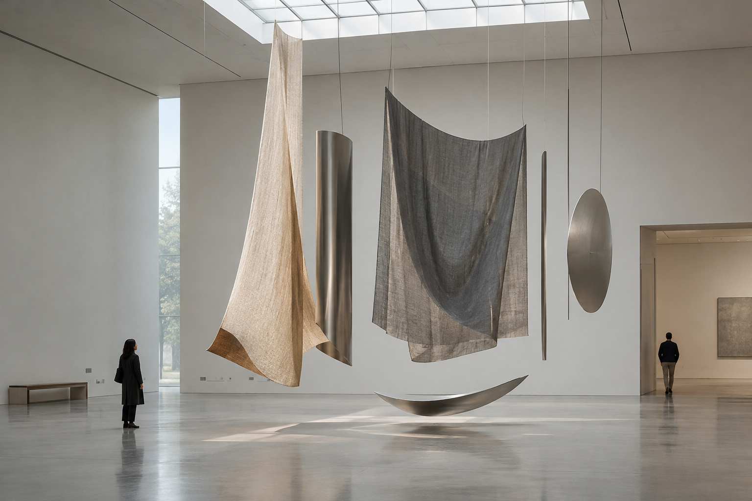 Large-scale installation view with suspended textile forms, polished concrete floor, and diffused skylight