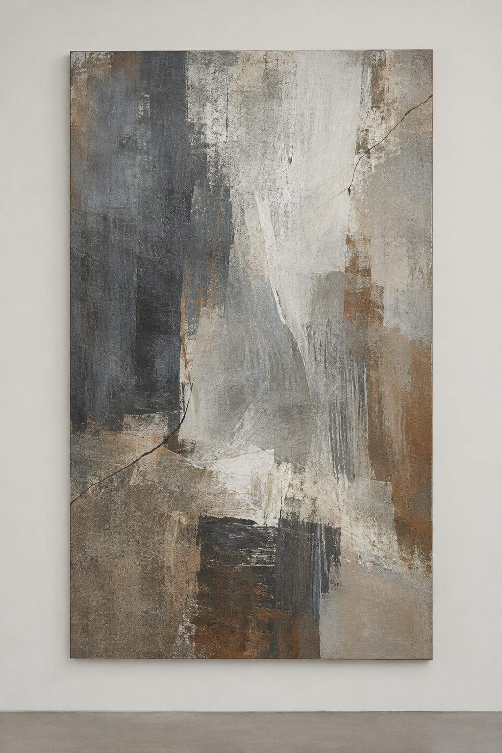 Large-scale abstract oil painting by Iris Vale with layered slate, chalk, and umber textures