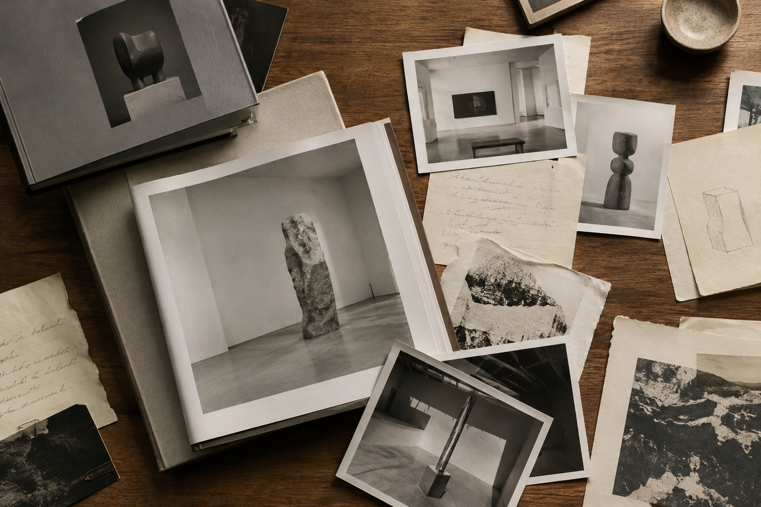 Editorial archive collage of catalog pages, monochrome photographs, and annotation marks on a wooden desk