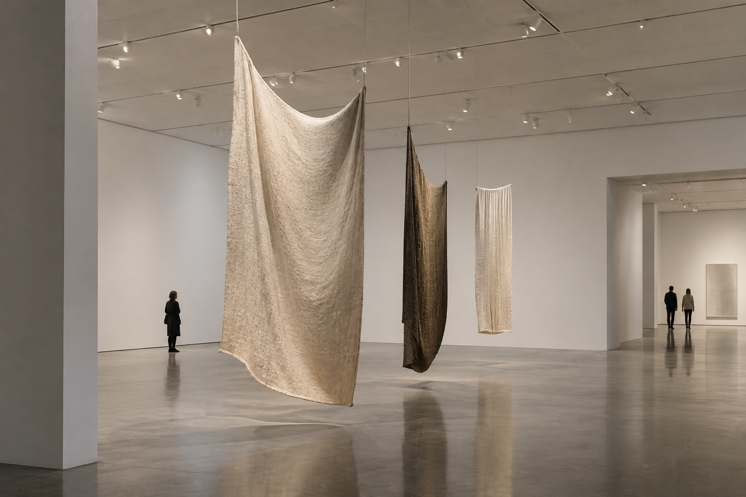 Minimal contemporary gallery installation with suspended textile forms and directional lighting