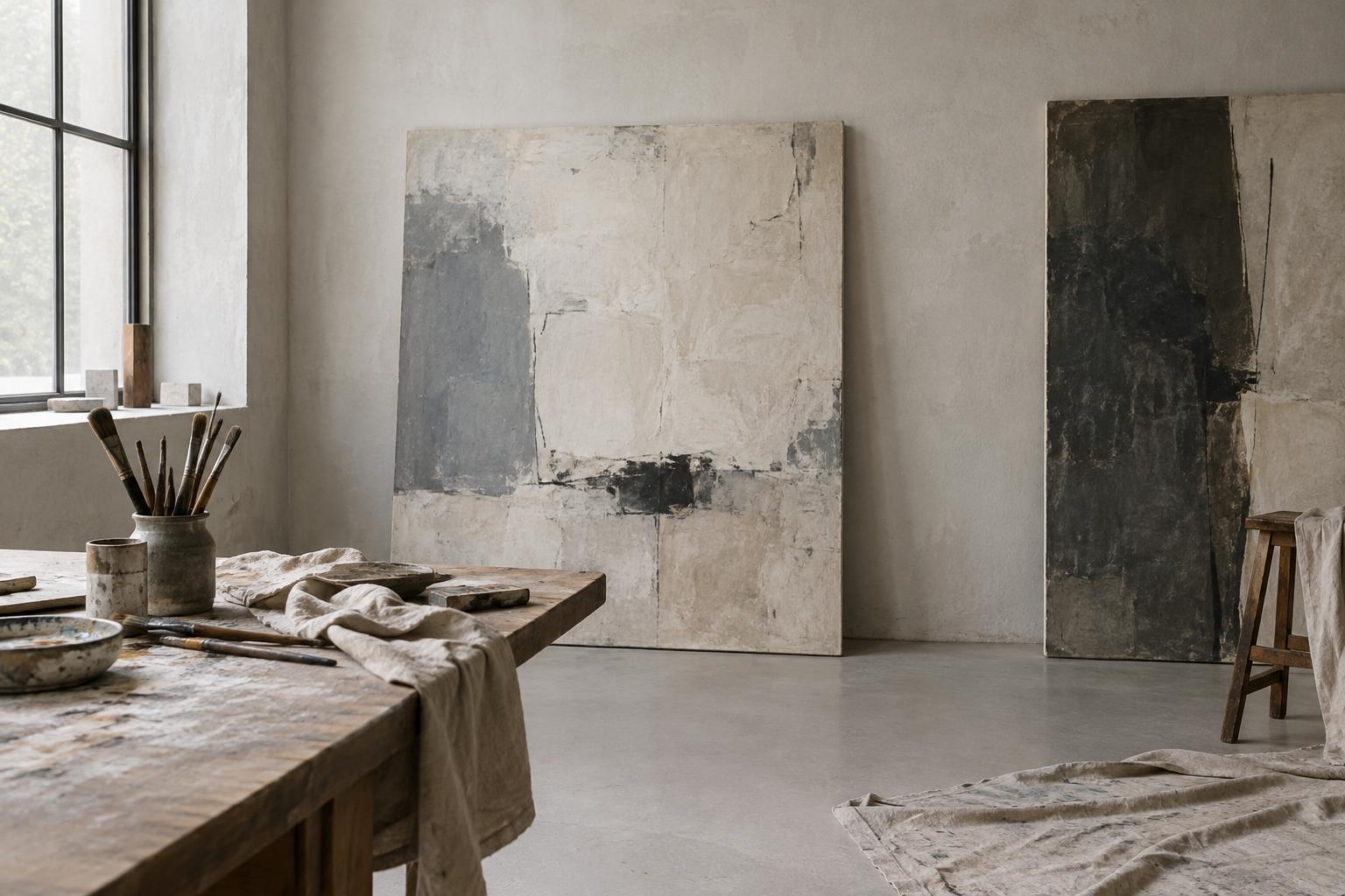 Softly lit painter's studio with large abstract canvases leaning against pale concrete walls
