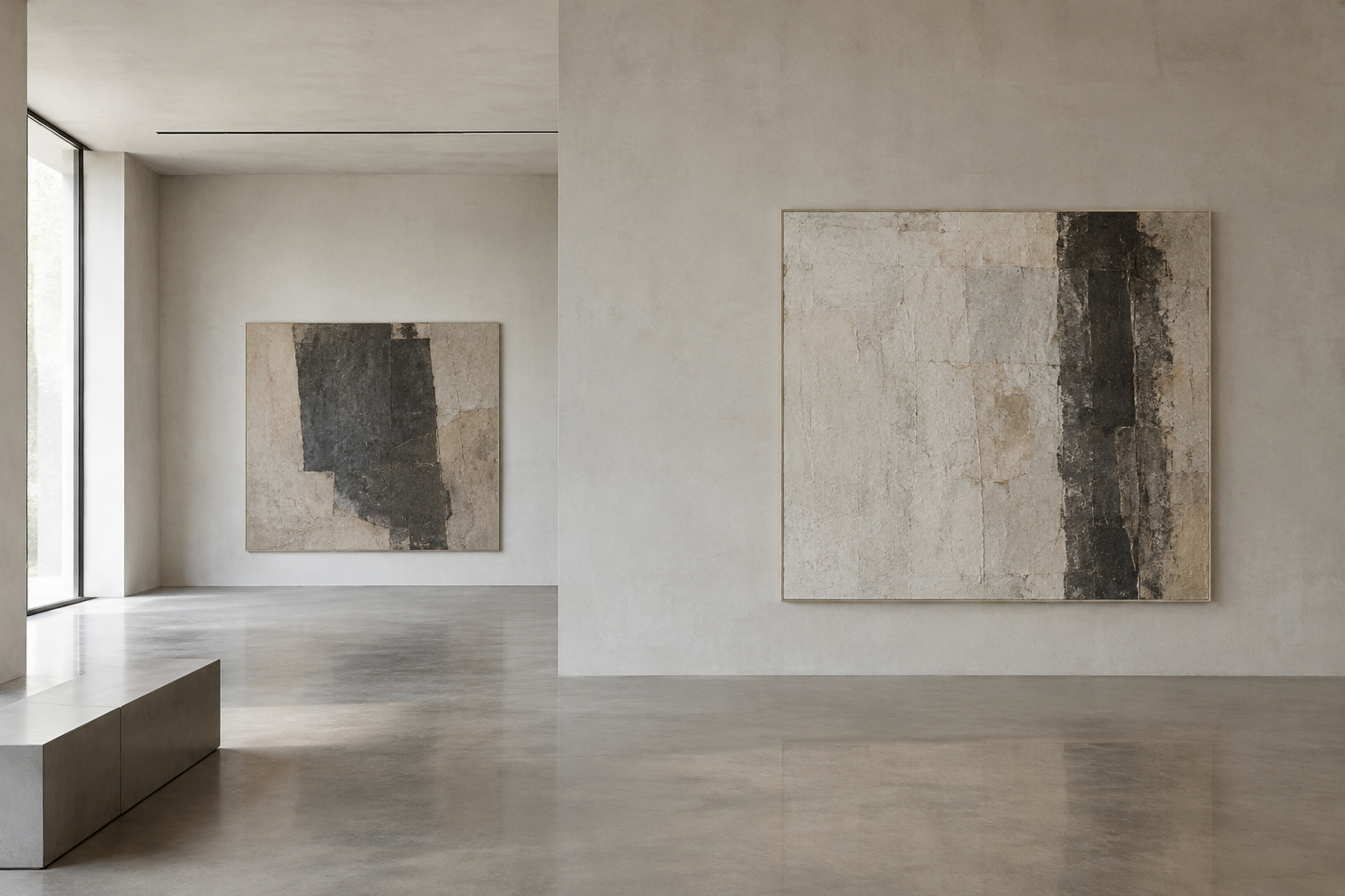 Installation view of Iris Vale artworks in a minimalist gallery with pale concrete walls