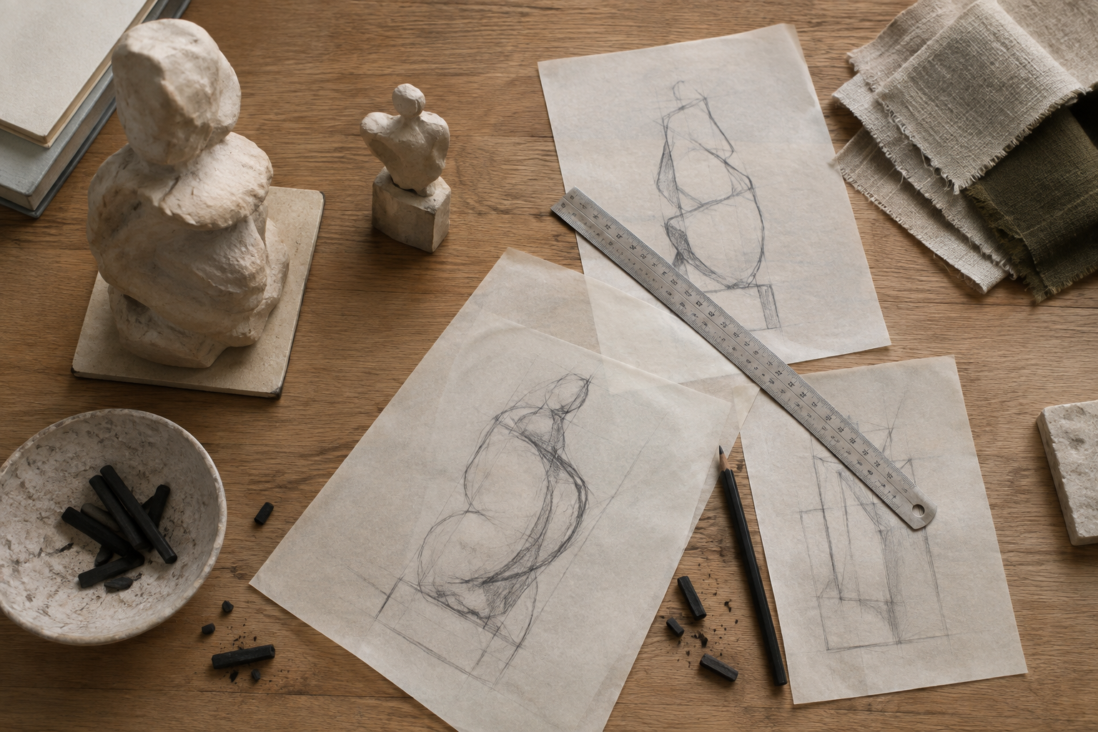Medium-format portrait of an artist's studio table with small clay maquettes, tracing paper sketches, and steel ruler