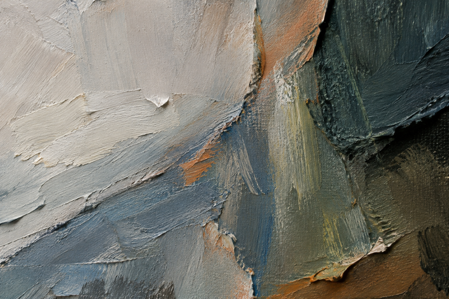 close detail of layered oil paint with gestural brushwork and pigment texture in a contemporary studio
