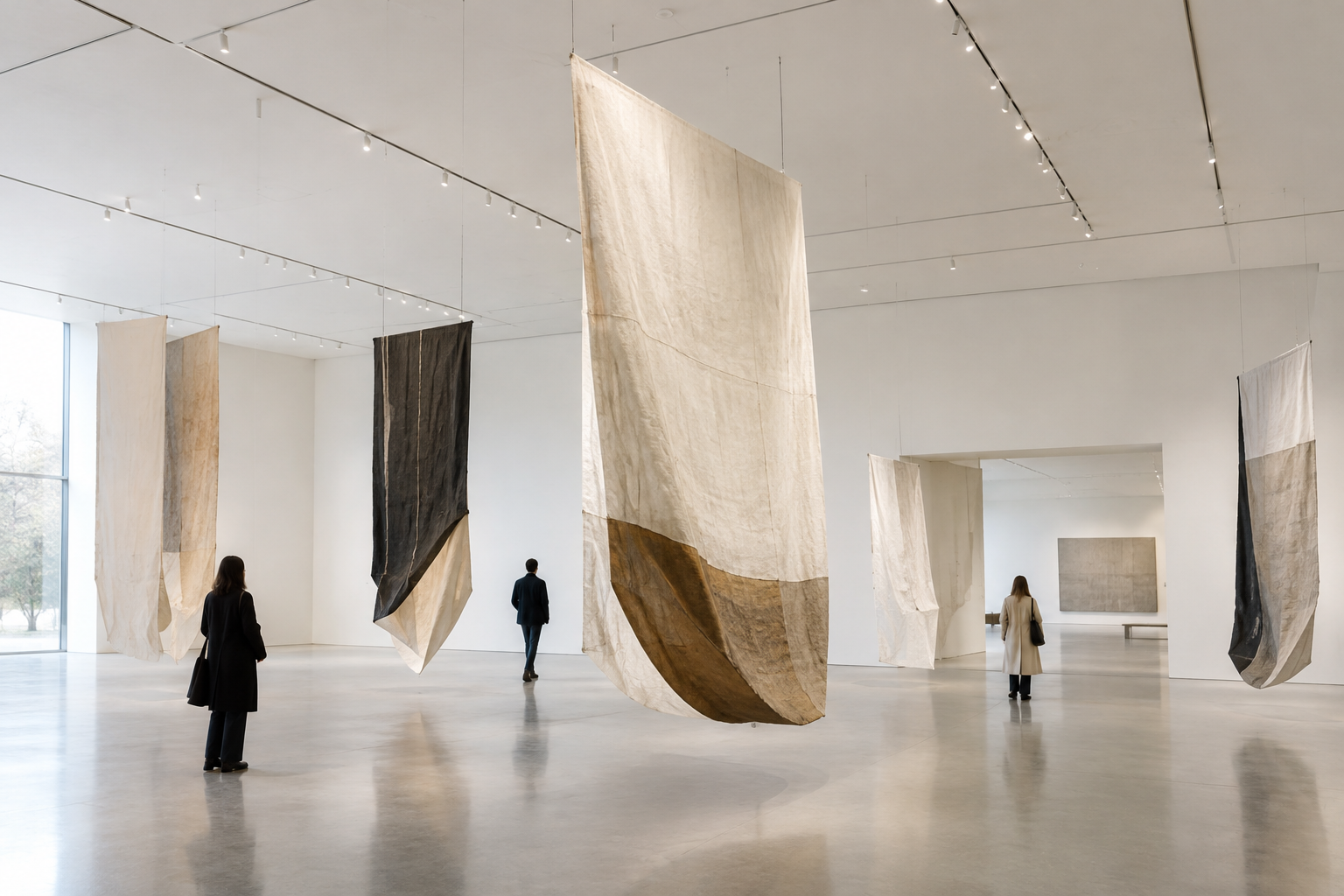 wide installation view with suspended textile forms and directional gallery lighting