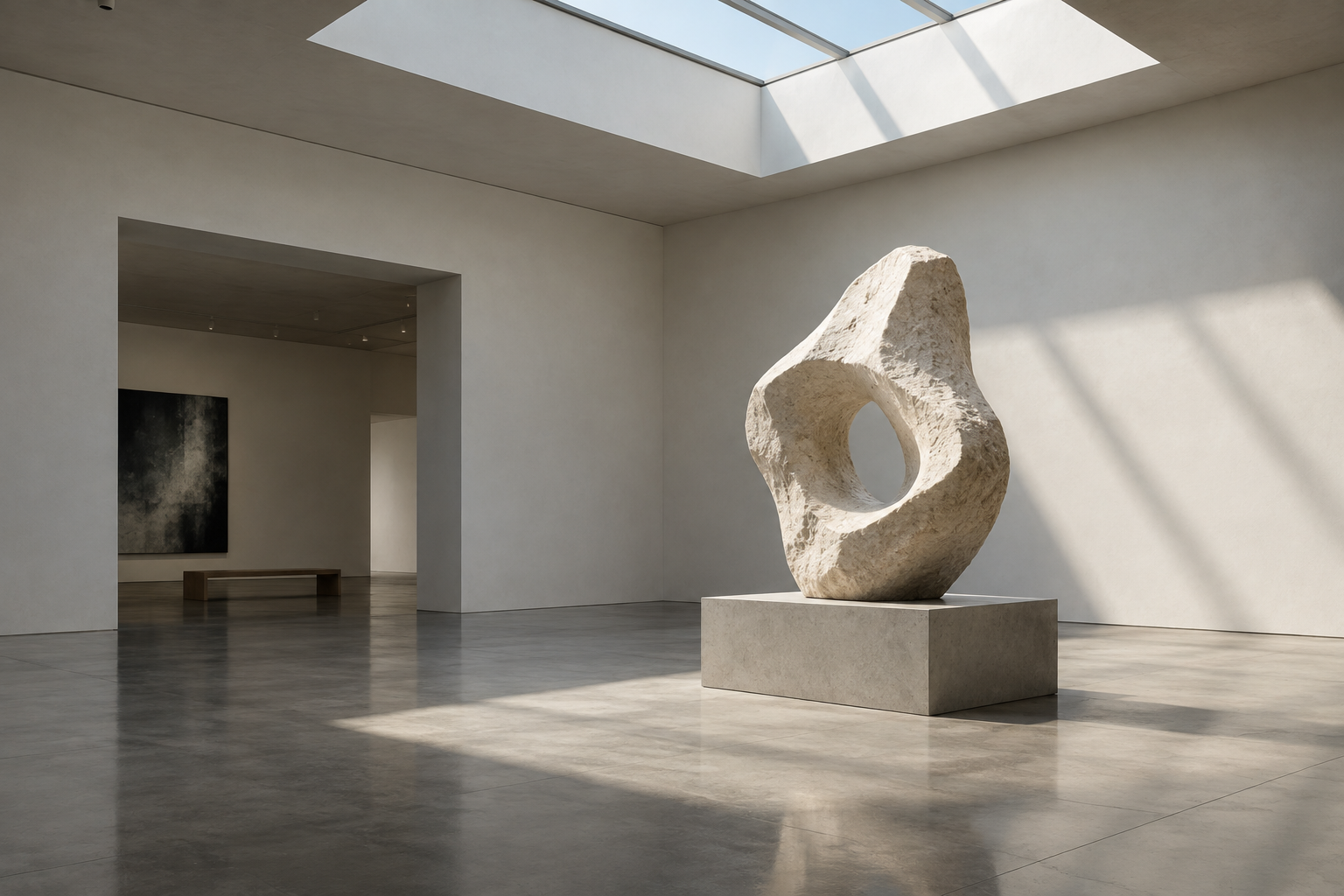 minimal gallery interior featuring large abstract stone sculpture under skylight