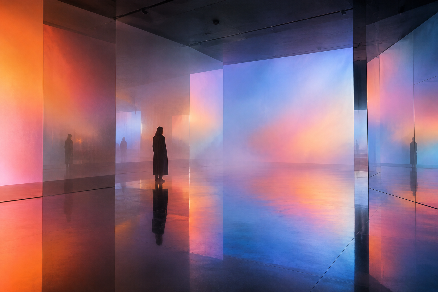 immersive digital installation with projected color gradients across mirrored walls