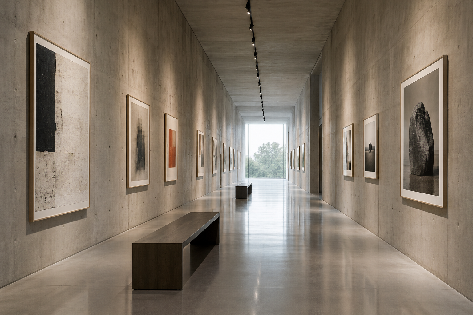 long contemporary gallery corridor with concrete walls and framed works in sequence