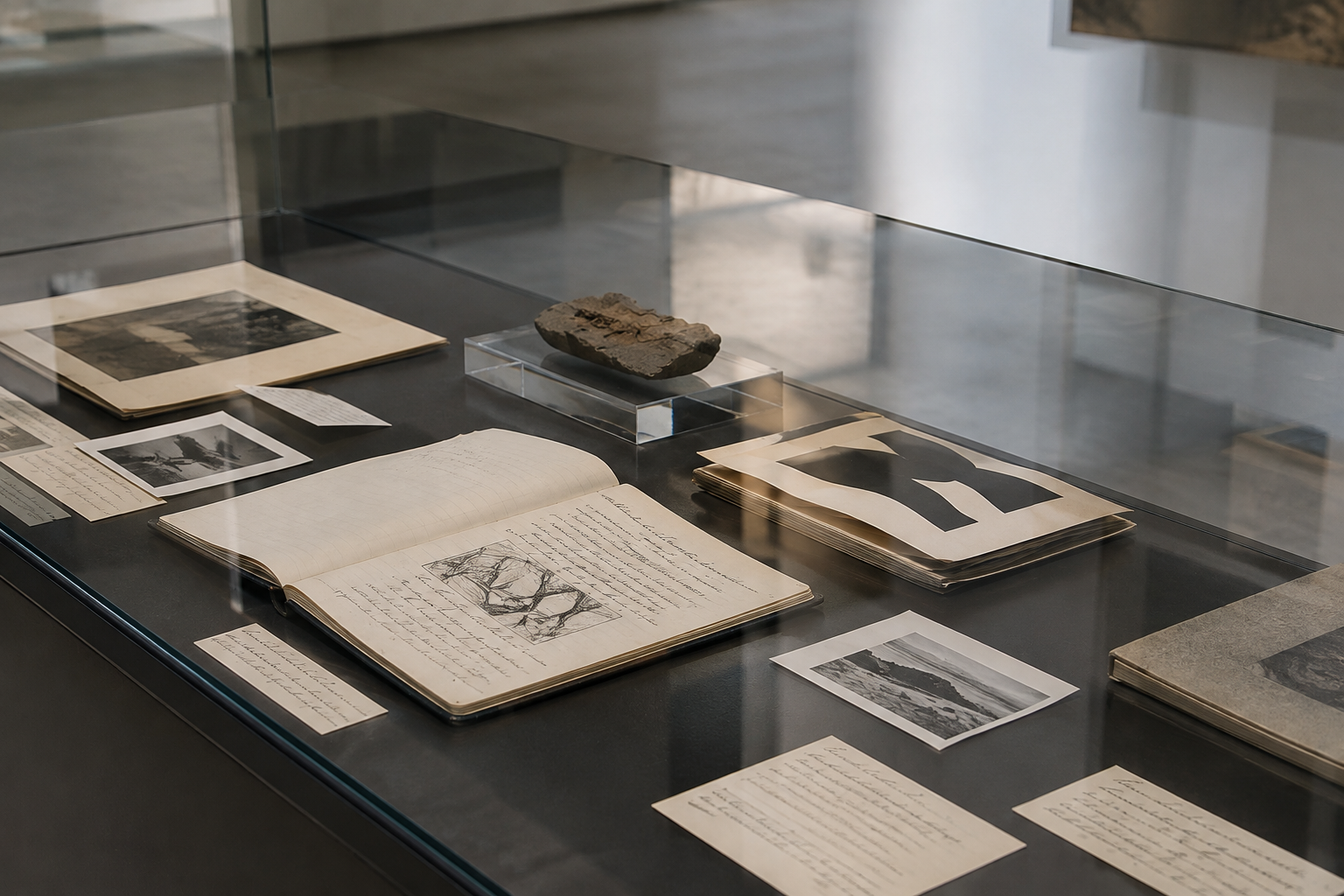 Close exhibition detail of archival objects in a glass vitrine with handwritten labels and reflective surfaces