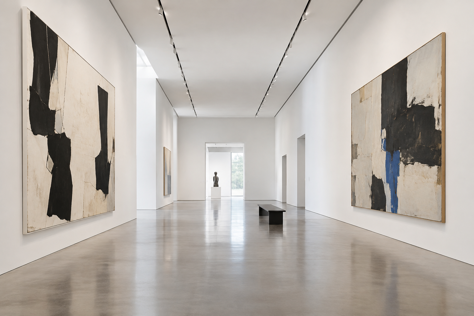 White-cube gallery hall with linear lighting, wall-sized paintings, and sparse visitor movement