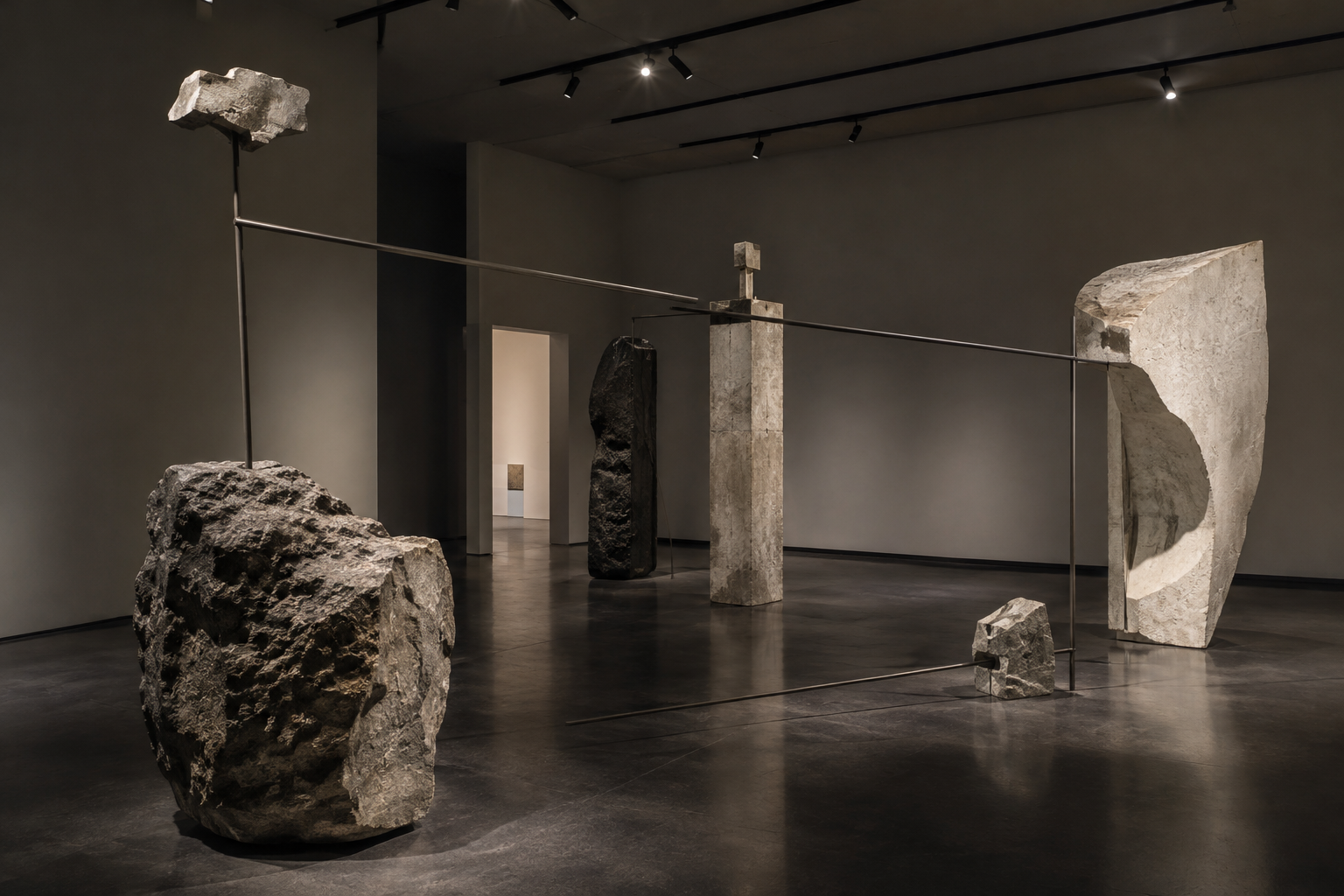 Dim sculptural chamber featuring rough stone forms, steel armatures, and directional spotlights