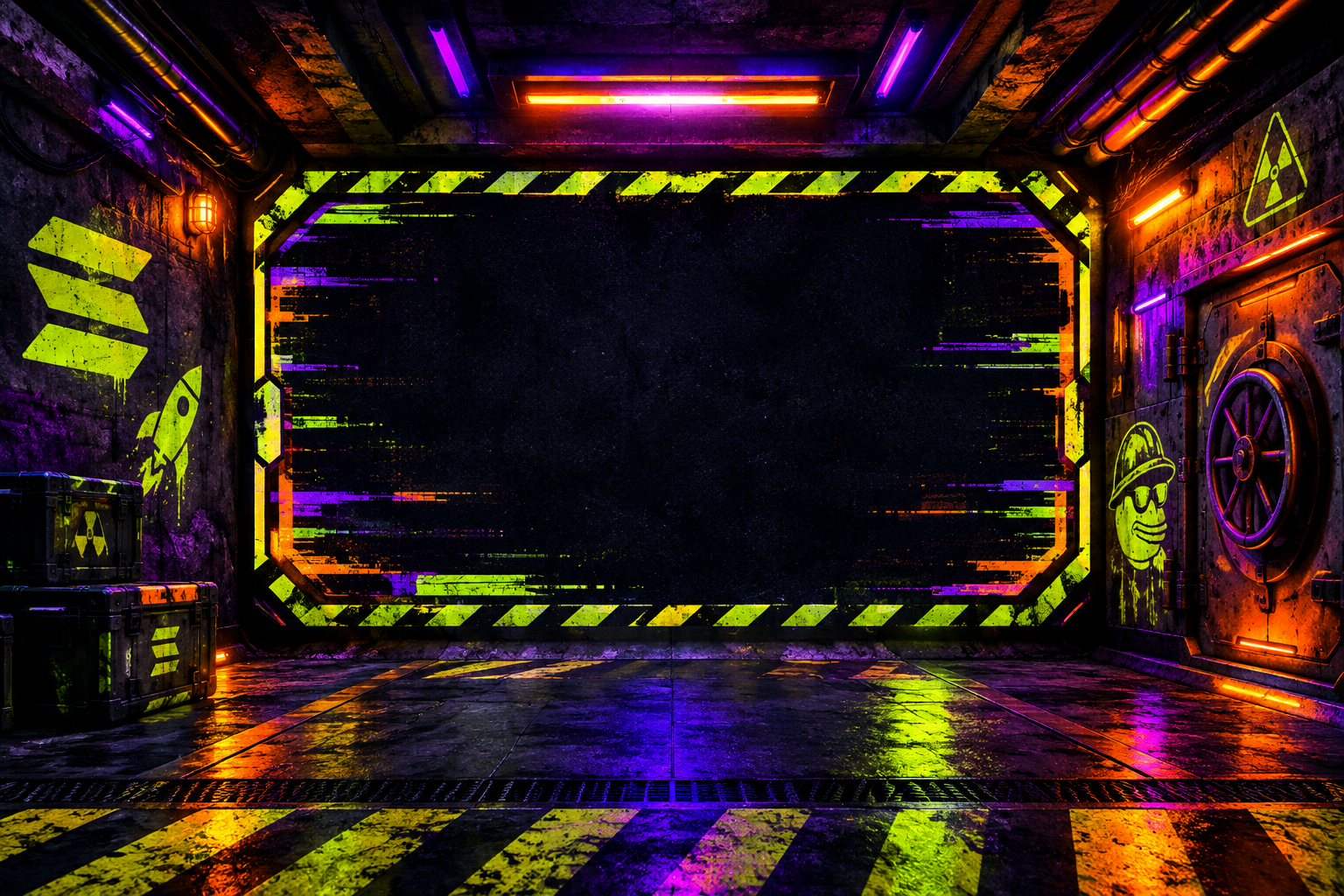 wide meme-style bunker launch banner with neon hazard framing and space for campaign art