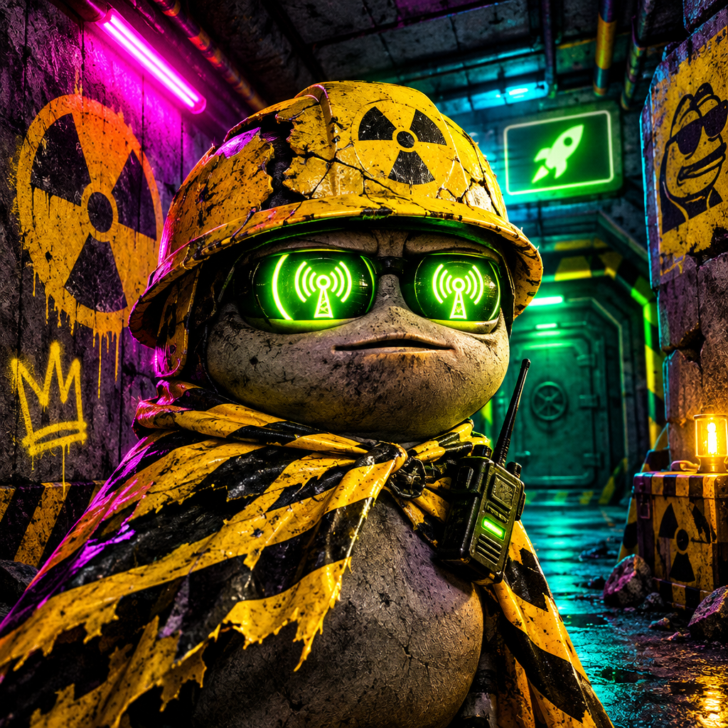 Cartoon bunker mascot with a cracked yellow helmet, hazard tape cape, and glowing radio eyes in a concrete fallout corridor
