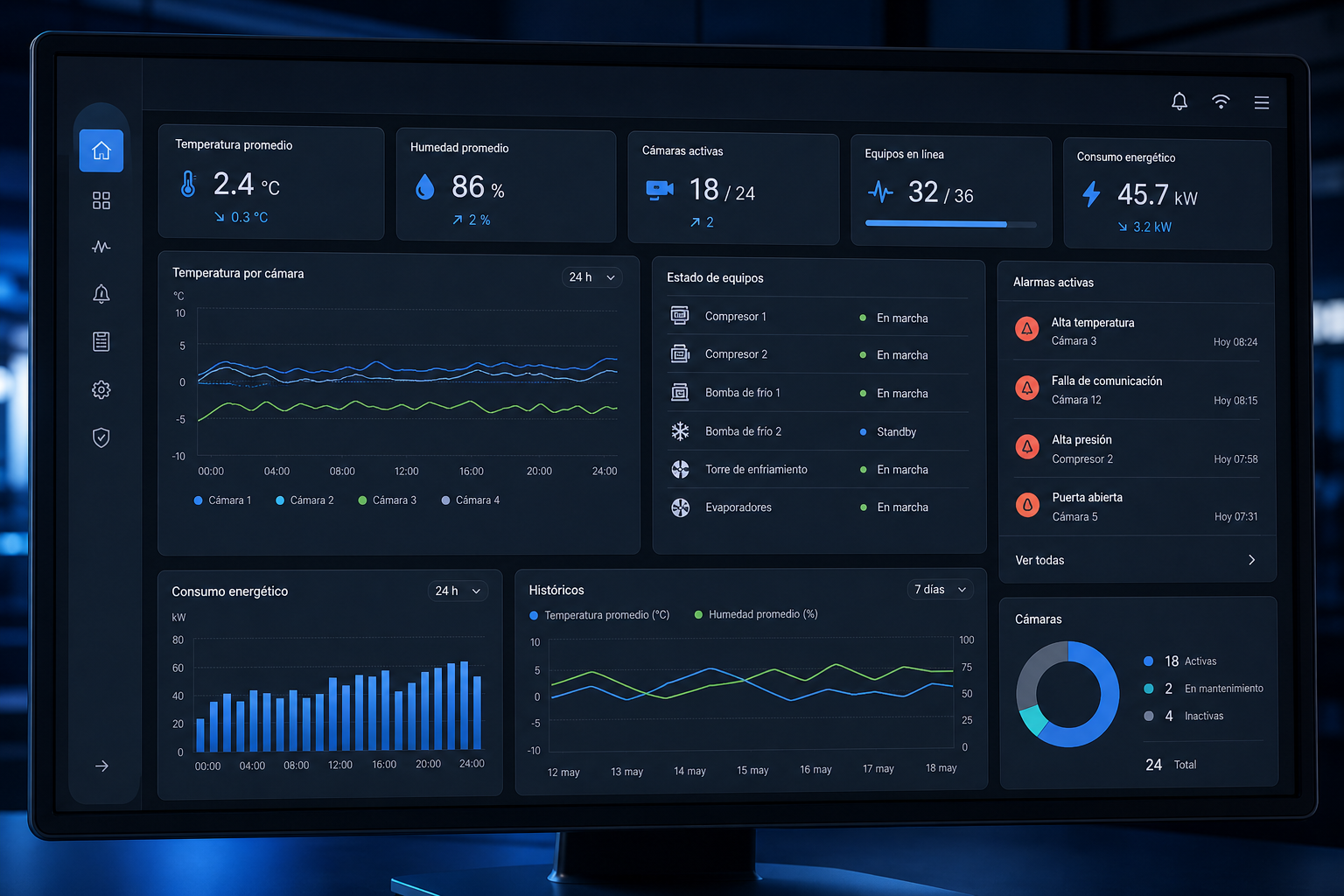 Mockup de dashboard industrial moderno con gráficas de temperatura, consumo energético, estado de bombas, alarmas y tendencias históricas en interfaz oscura premium