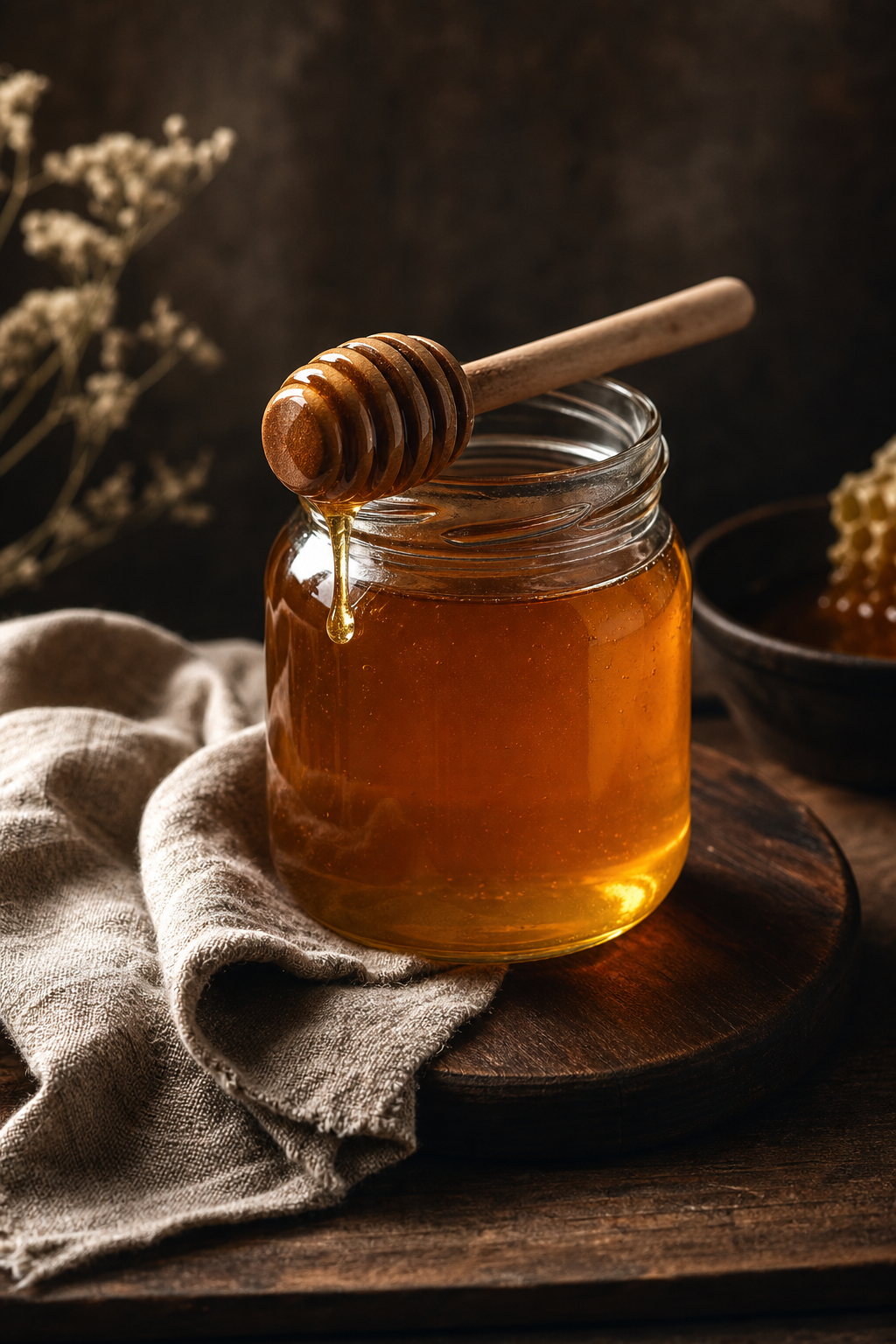 Amber honey in a clear glass jar with a wooden dipper and linen cloth on a dark wooden surface