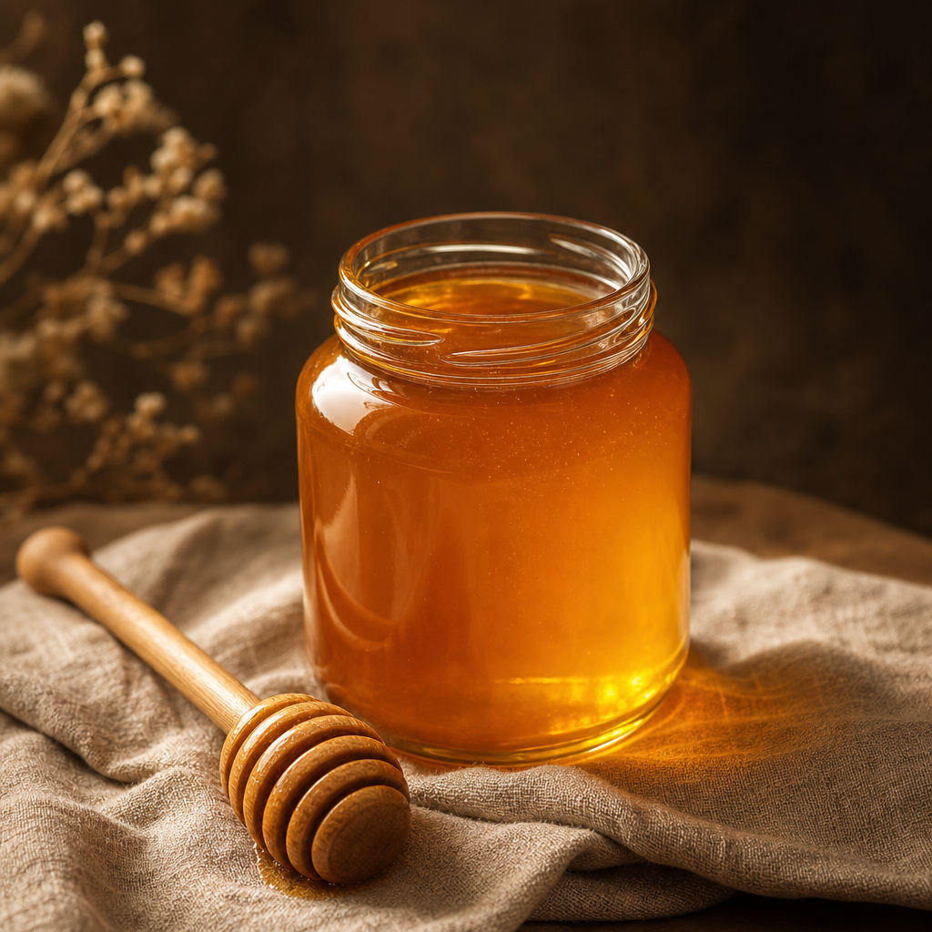 Amber glass jar of artisan honey with wooden dipper on linen cloth