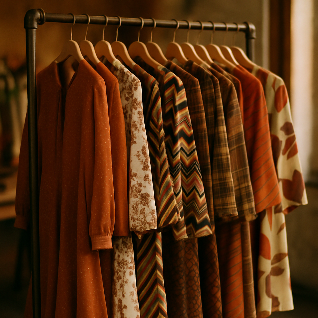 Rack of curated 70s and 80s garments with bold patterns and earthy tones