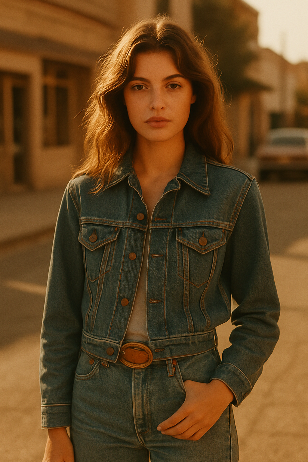 Model in a vintage denim jacket and high-waist jeans, styled with a retro belt, standing in warm golden light with a soft film grain look
