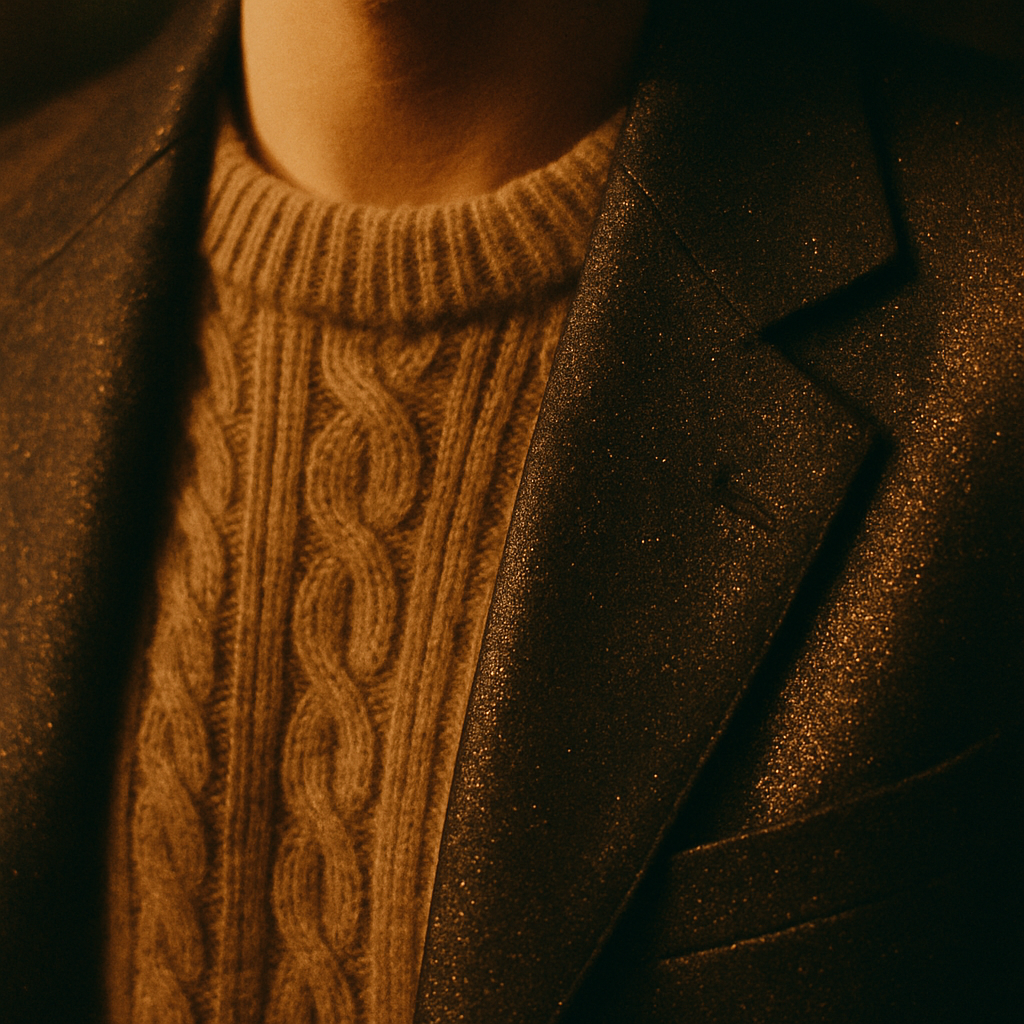 Close-up of a soft knit sweater layered with a tailored jacket featuring subtle metallic disco-night texture, shot in warm moody lighting