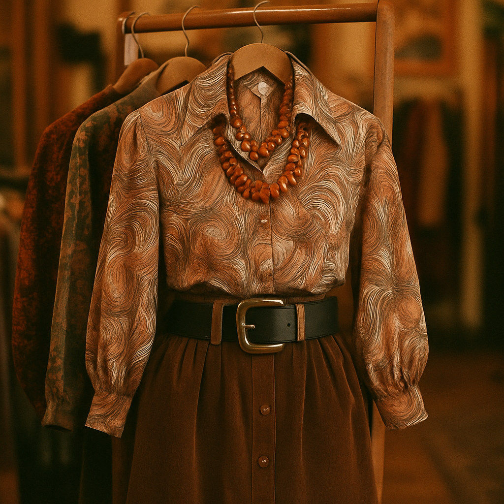 Styled vintage outfit on a rack with bold accessories and layered textures