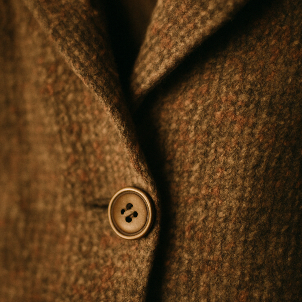 Close-up film-style image of a retro garment showing textured tweed and a vintage brass button, with warm lighting and soft grain.