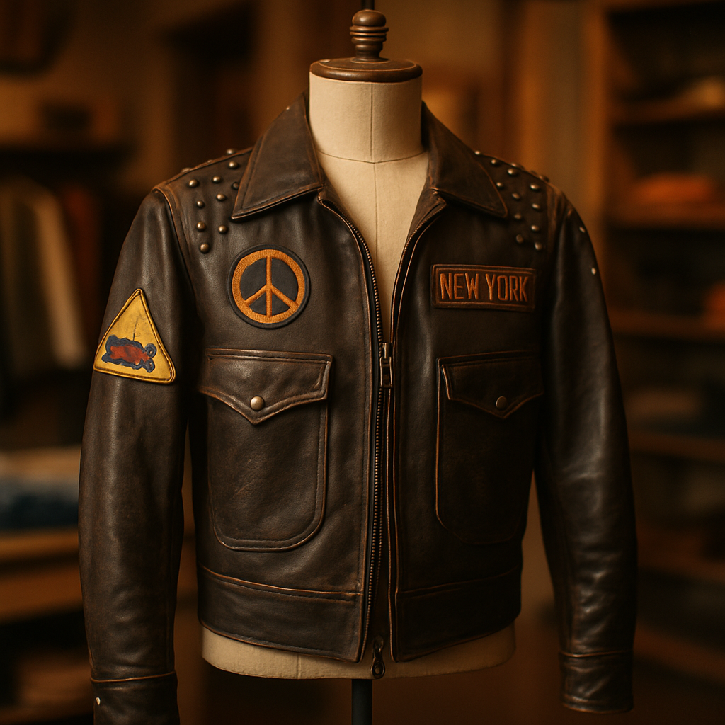 Unique vintage leather jacket with embroidered details on a mannequin