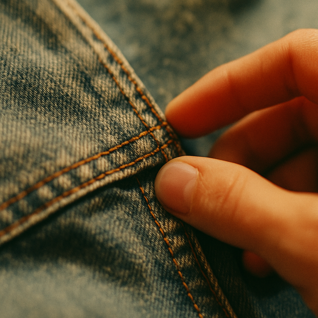 Close-up of a vintage denim seam with a hand inspecting stitching