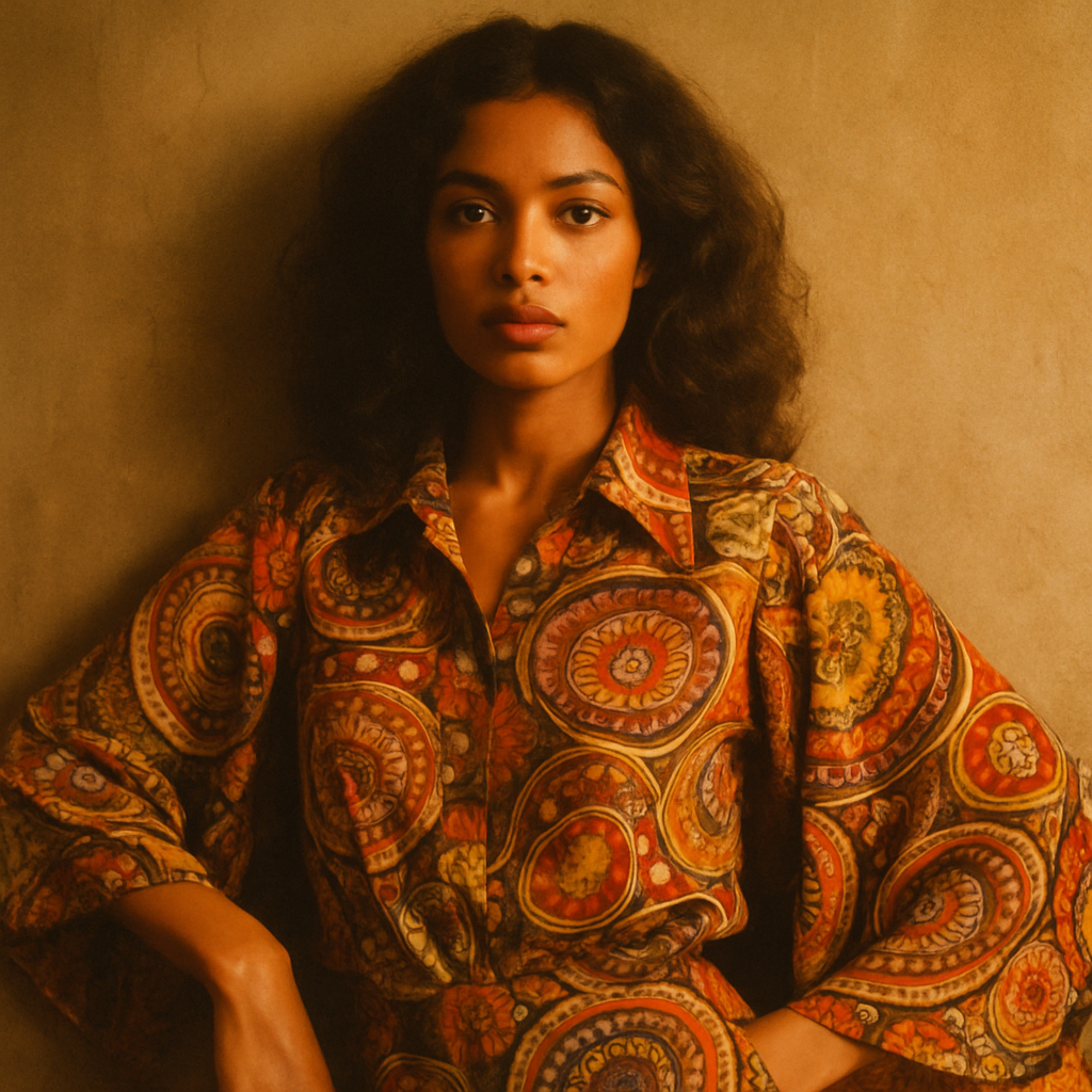 Editorial portrait of a woman in a bold 70s statement print blouse with wide sleeves, against a textured wall, warm film-photo atmosphere