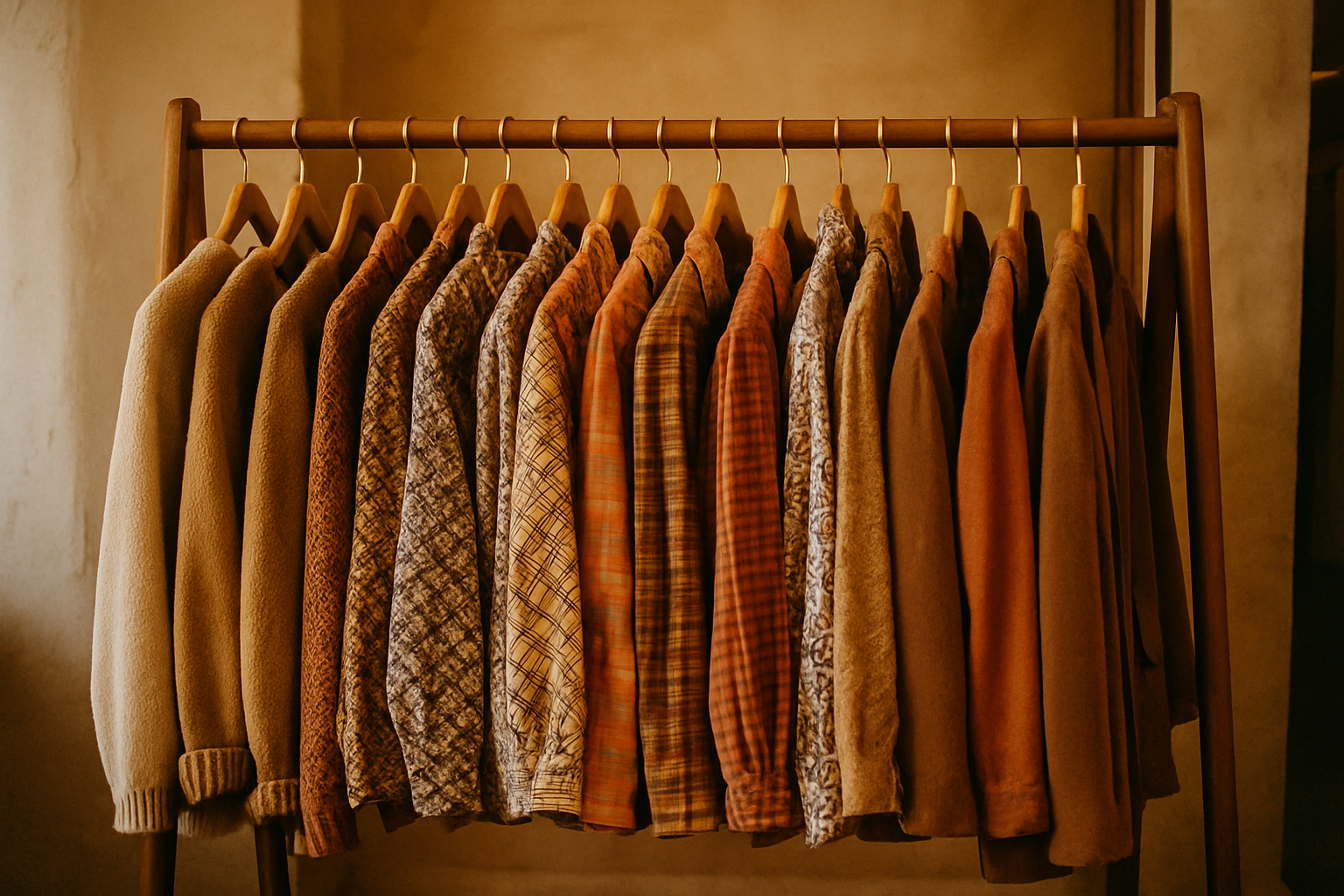 A warm film-style photo of a wooden clothing rack filled with 70s and 80s vintage garments, featuring textured fabrics, patterned shirts, and earth-toned jackets in a boutique setting.