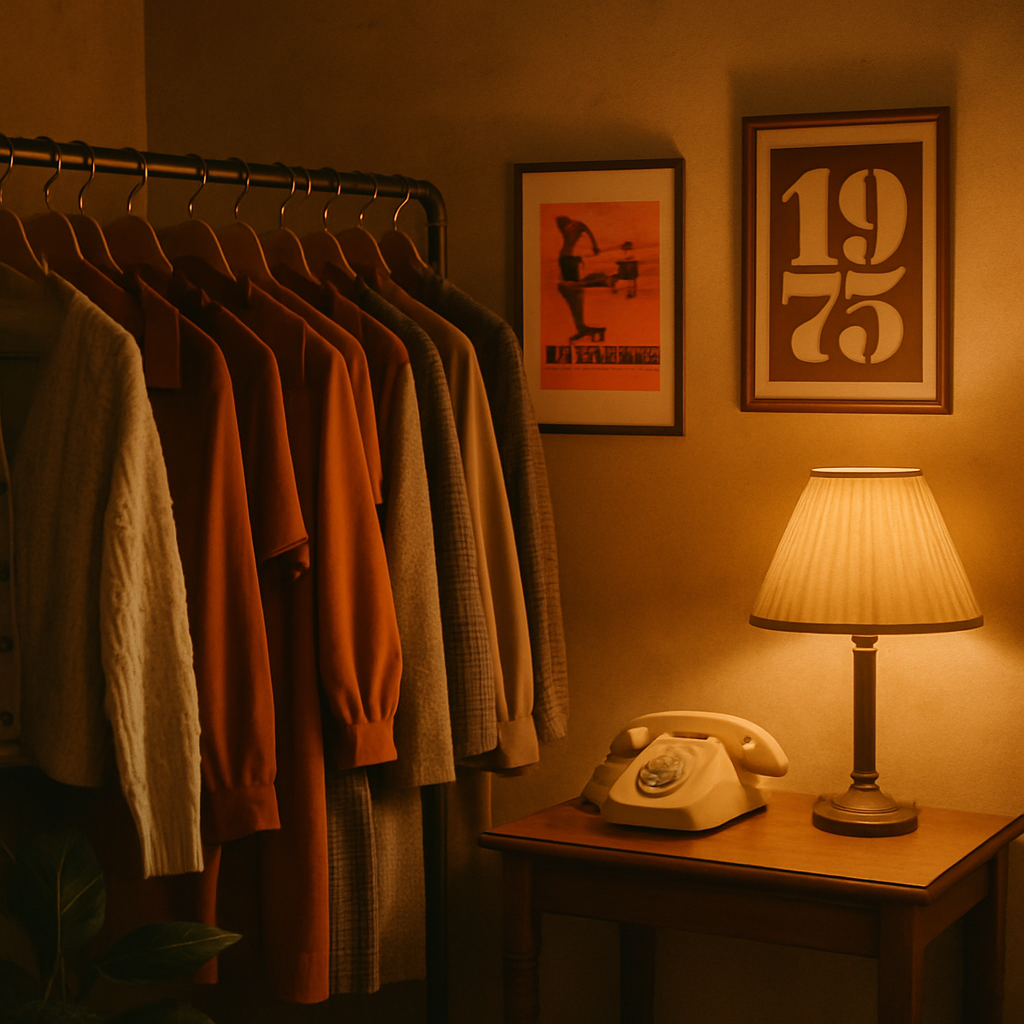 Soft, warm-lit boutique corner with vintage garments and retro decor