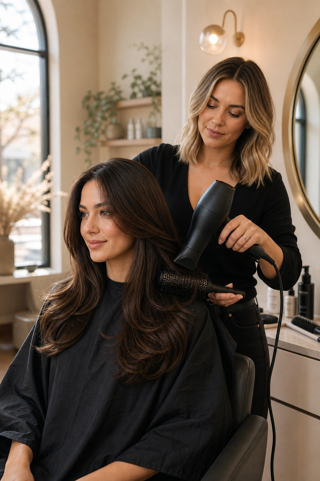 Refined salon scene with polished hair styling in soft natural light