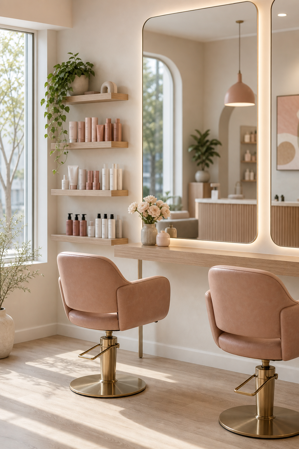 Warm modern salon interior with blush accents, styling chairs, and soft natural window light