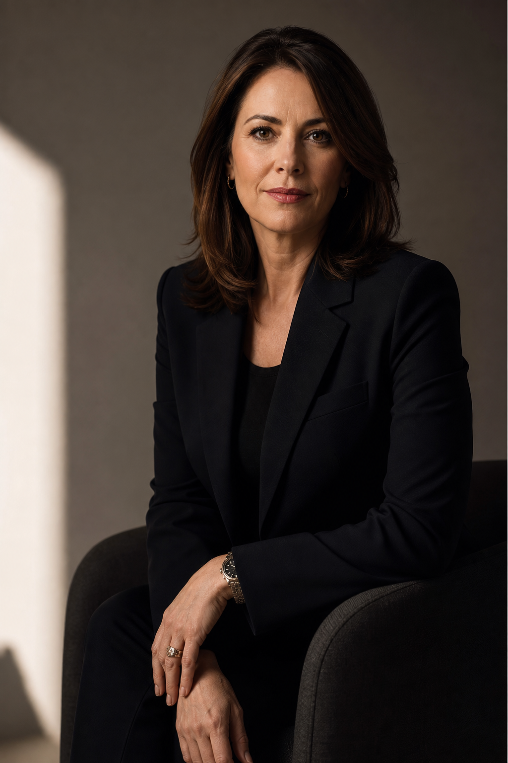 Editorial portrait of a confident media editor in a dark tailored blazer against a soft neutral backdrop, lit with dramatic studio lighting