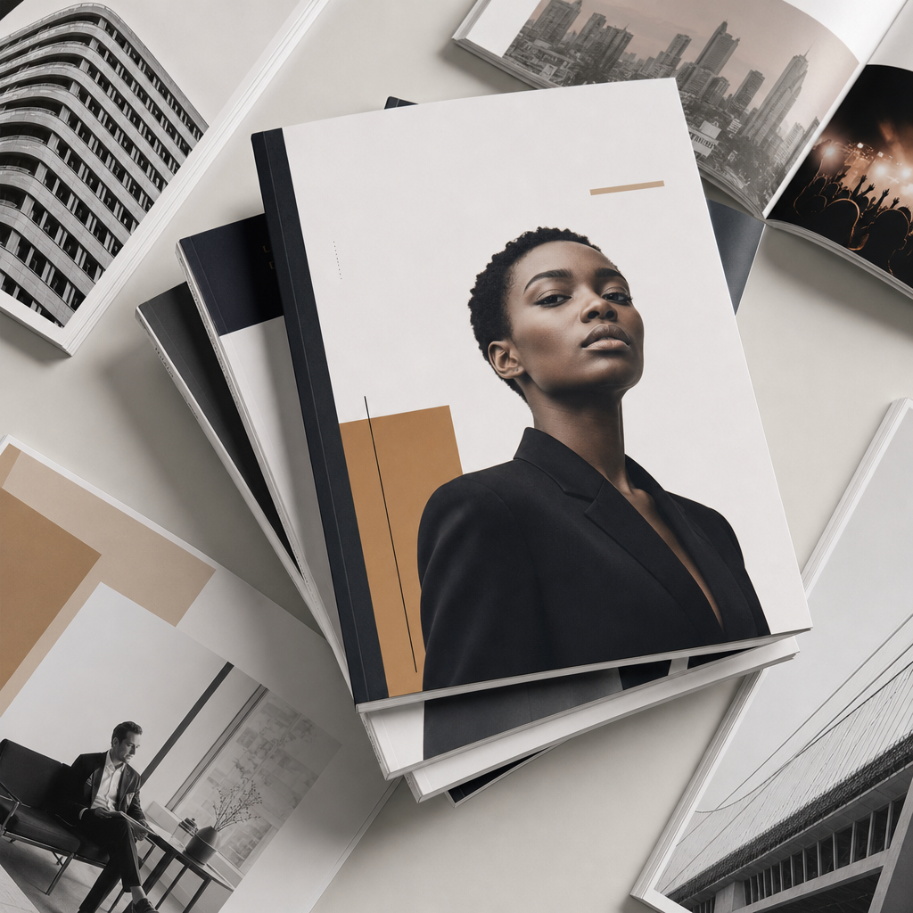 Modern editorial magazine cover collage with bold headlines and clean typography