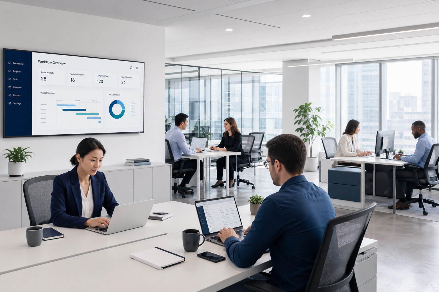 Modern open-plan office with diverse professionals collaborating at desks, laptops, and a wall screen showing workflow dashboards