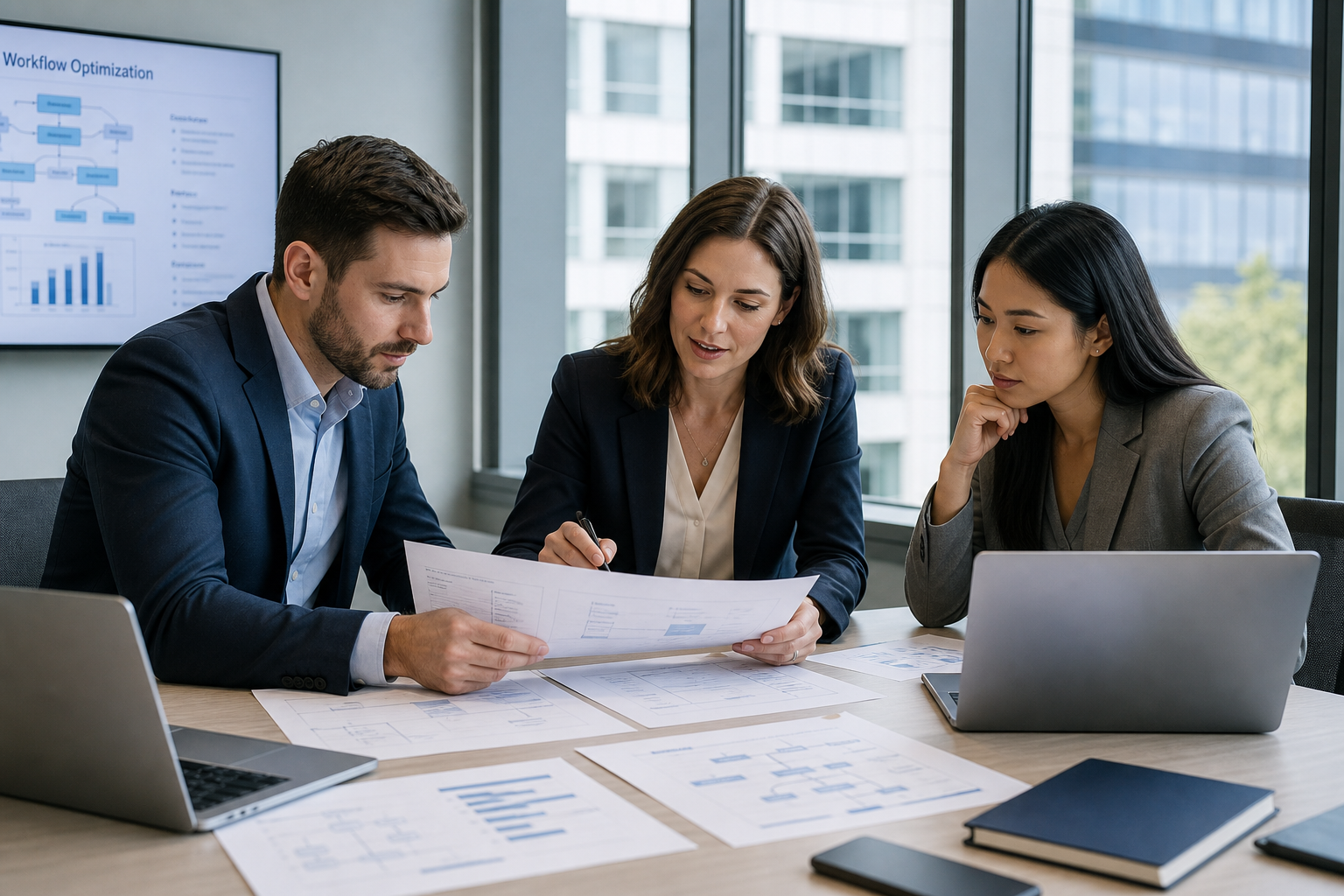 Professional U.S. office team reviewing workflow documents on a conference table