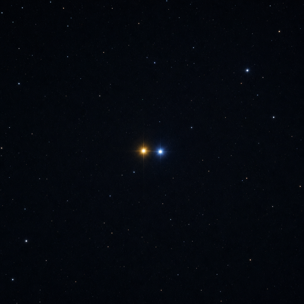 Small telescopic star field showing Albireo as two distinct stars with warm gold and cool blue tones