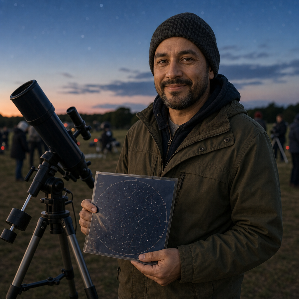 Luis Alvarez, organizer portrait in a charcoal beanie and olive jacket holding a laminated sky chart