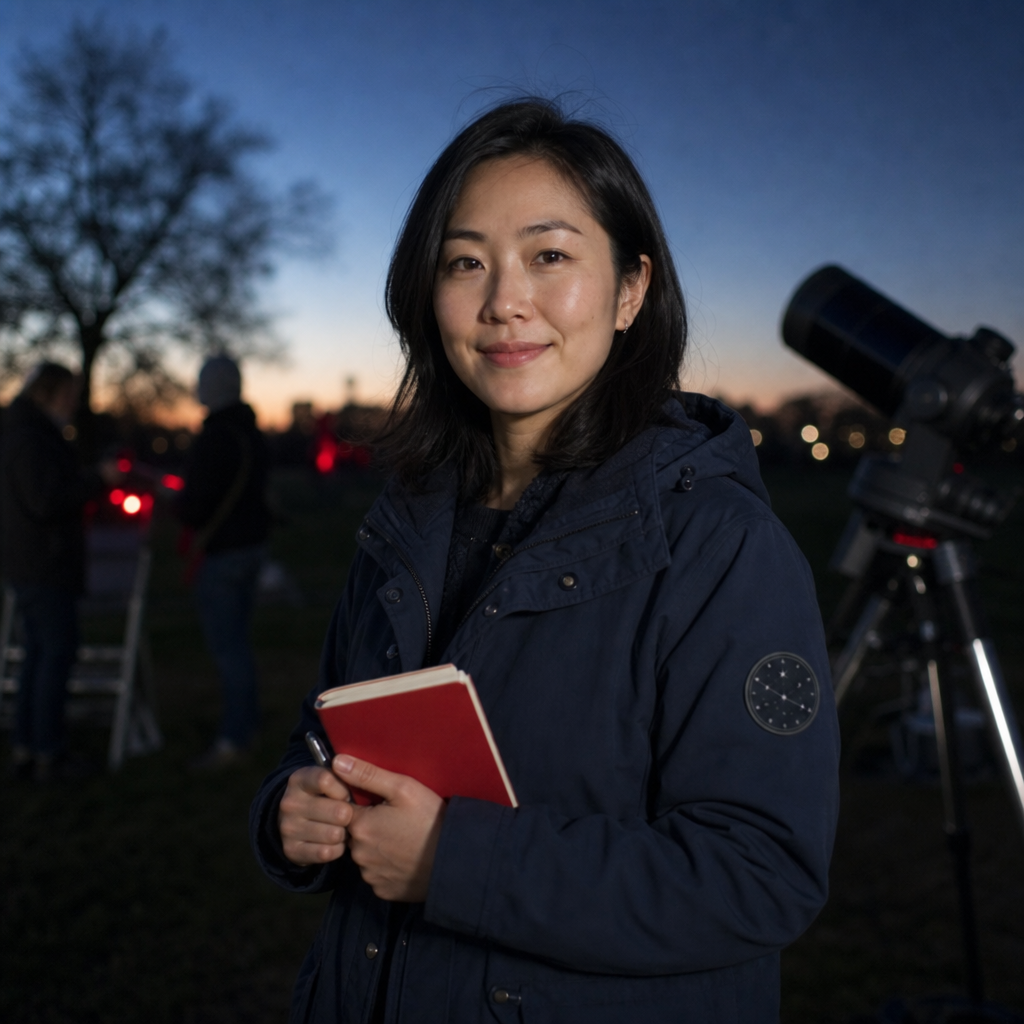 Maya Kim, organizer portrait with a navy field jacket and red notebook under a dusk sky