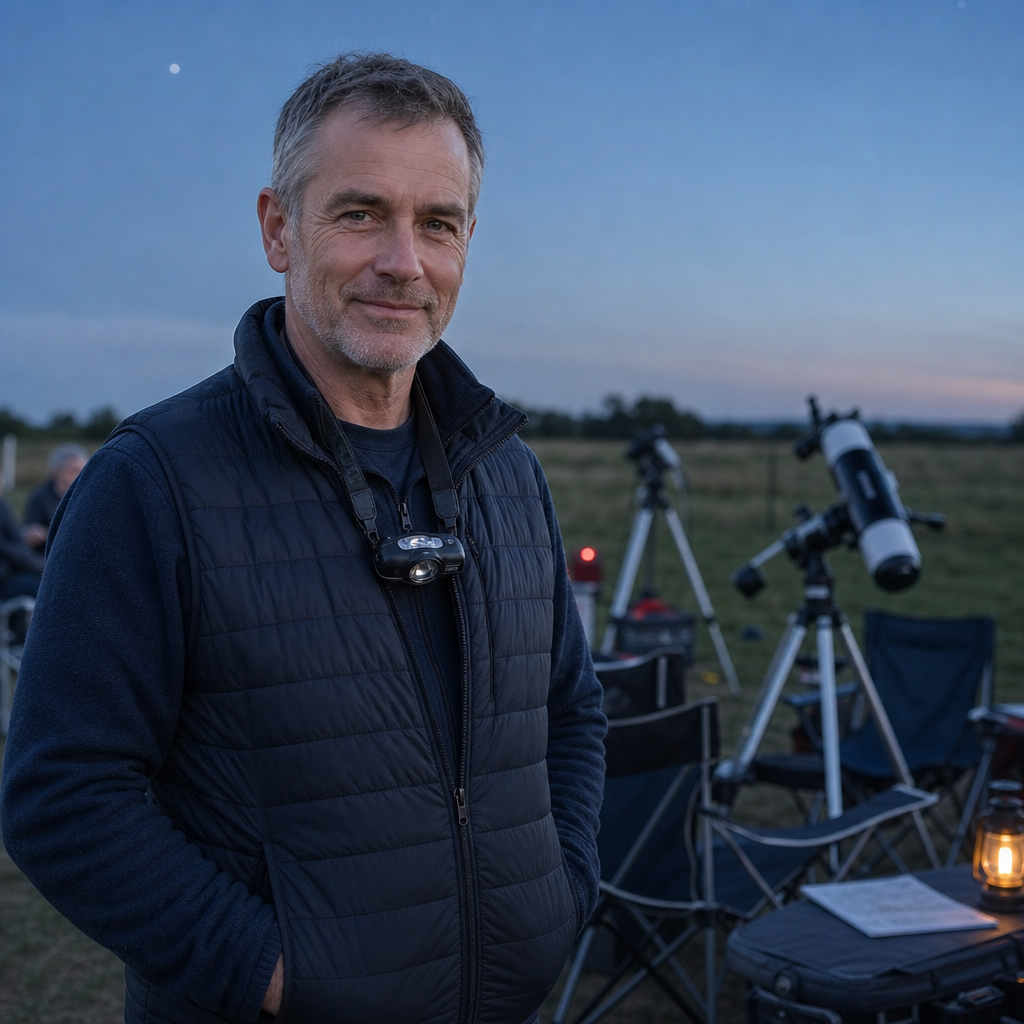Owen Brooks, organizer portrait in a dark quilted vest with a silver headlamp at a community field